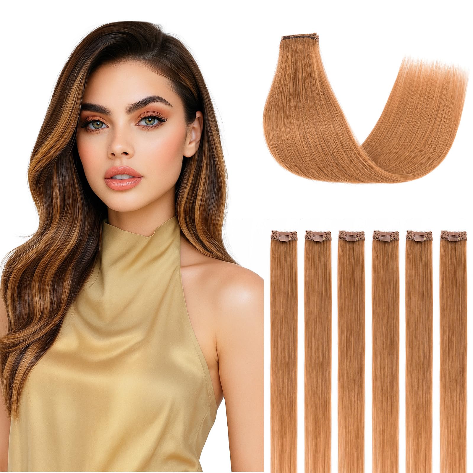 SEGOHAIR Clip in Hair Extensions Real Human Hair 6Pcs Light Auburn Double Weft Hairpieces Straight Highlights Hair Extensions Clip in Seamless 14inch 36g