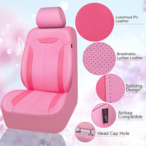 Miniatura 3 de CAR PASS Juego completo de fundas de asiento de automóvil de cuero rosa, protección de asiento impermeable transpirable de lujo, compatible con