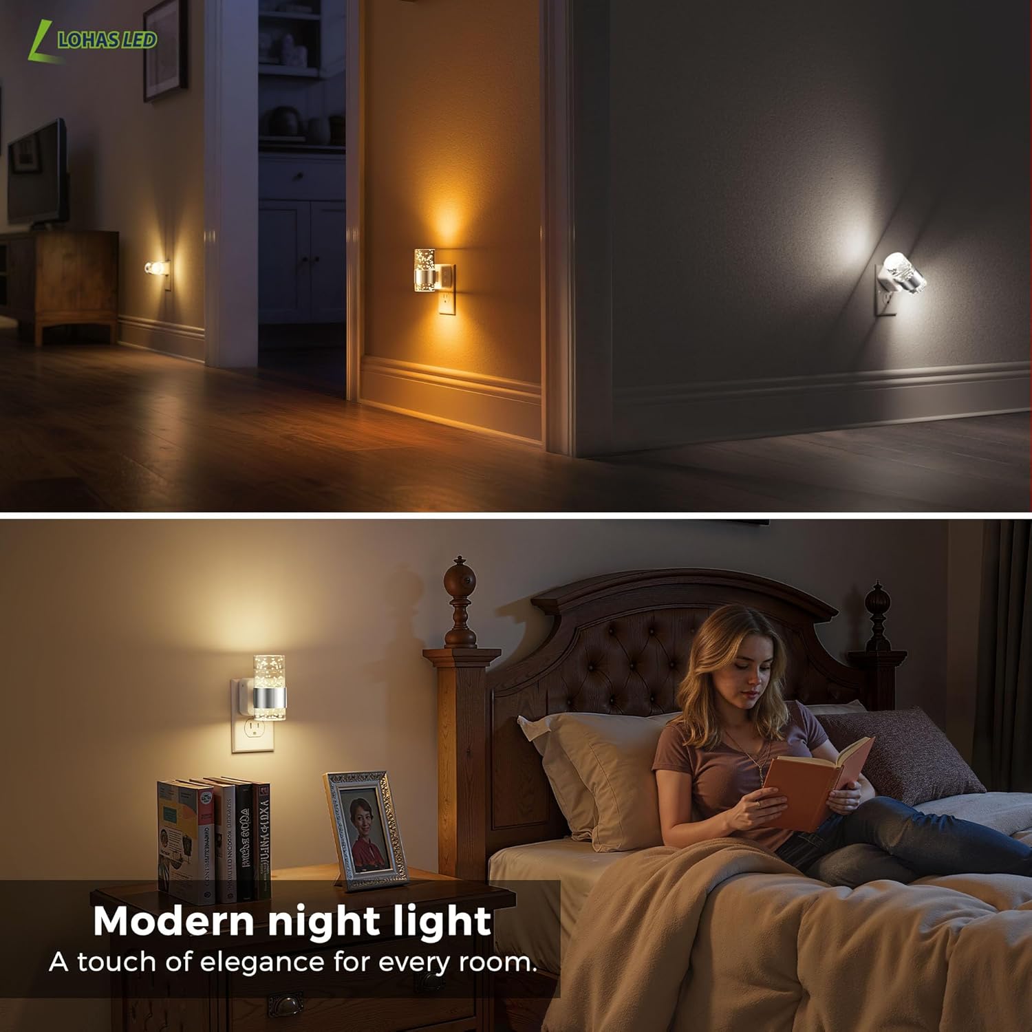 L LOHAS LED Night Lights Plug into Wall 2 Pack, Dimmable Night Light with Dusk-to-Dawn Sensor, Soft White/Cool White/Amber 3 Color Light, Adjustable Brightness, Rotatable Plug, Bubble Nightlight