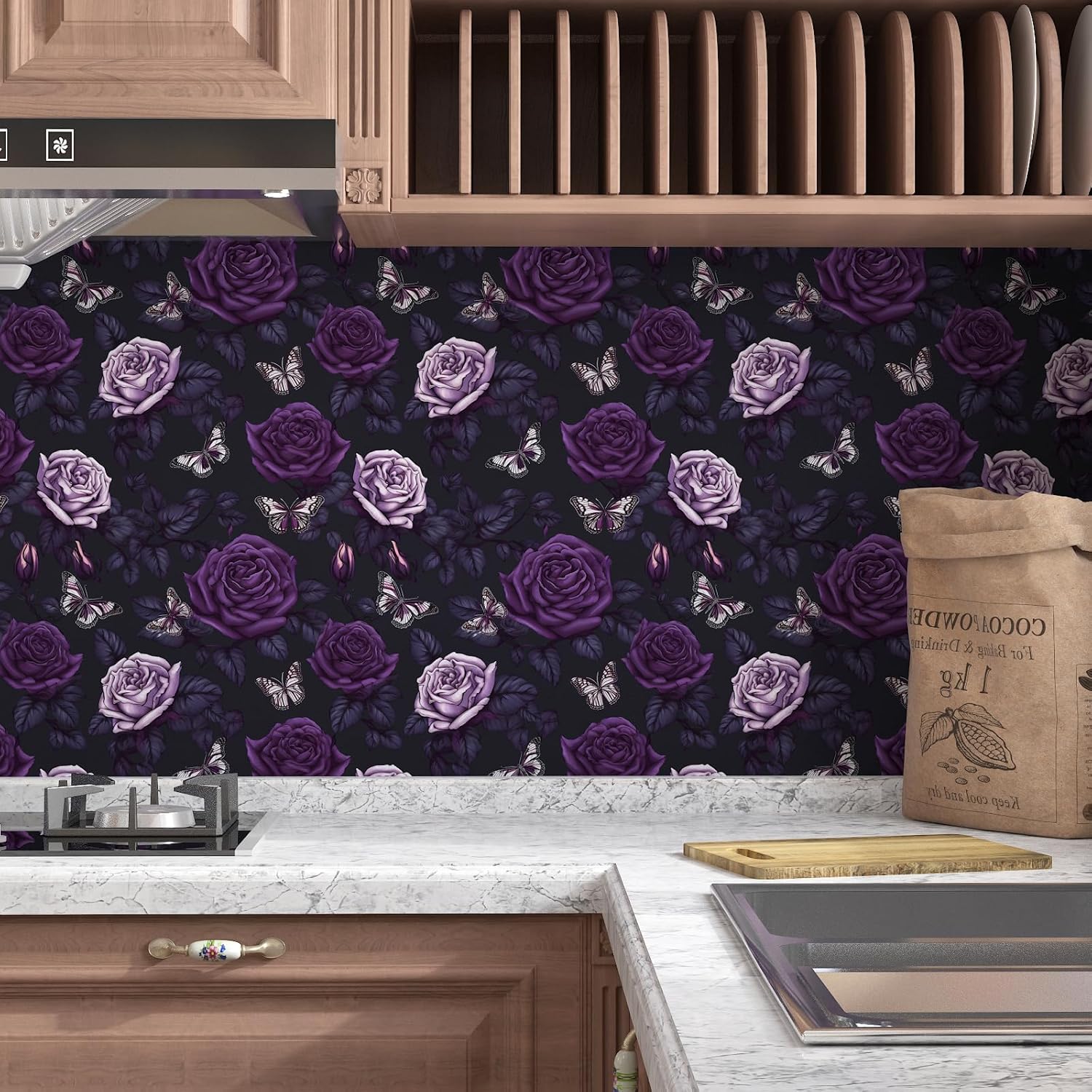 BOKEBEVE Extra Long Dark Purple Butterfly Wallpaper Peel and Stick Floral Contact Paper for Kitchen Backsplash Bathroom Shelf Liner Removable Renter Friendly 17.5 x 393.5In