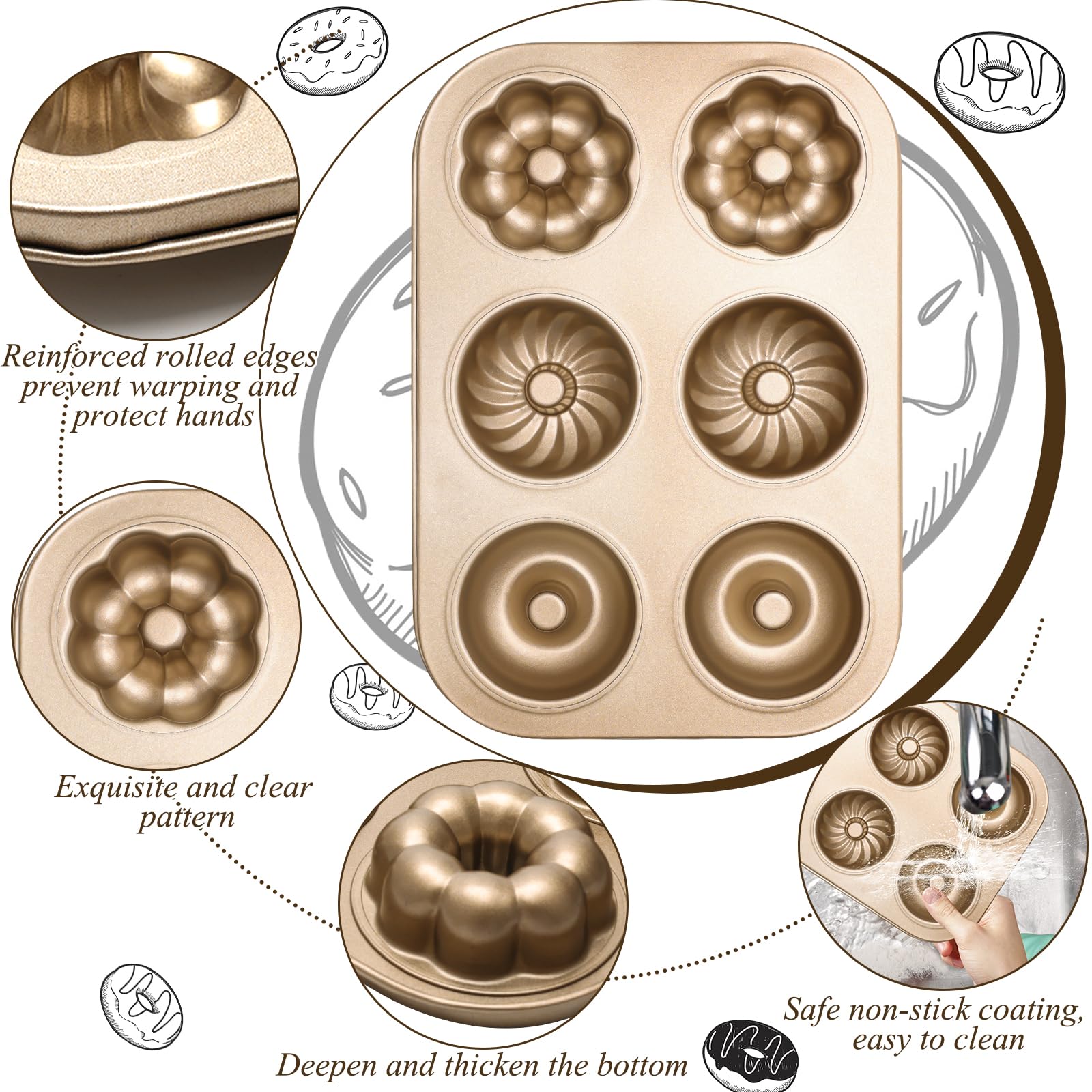 2 moldes para donas de acero al carbono con 6 cavidades para hornear donas, antiadherente, fácil de limpiar y apto para lavavajillas, molde de donas para pasteles, postres y bagel (dorado