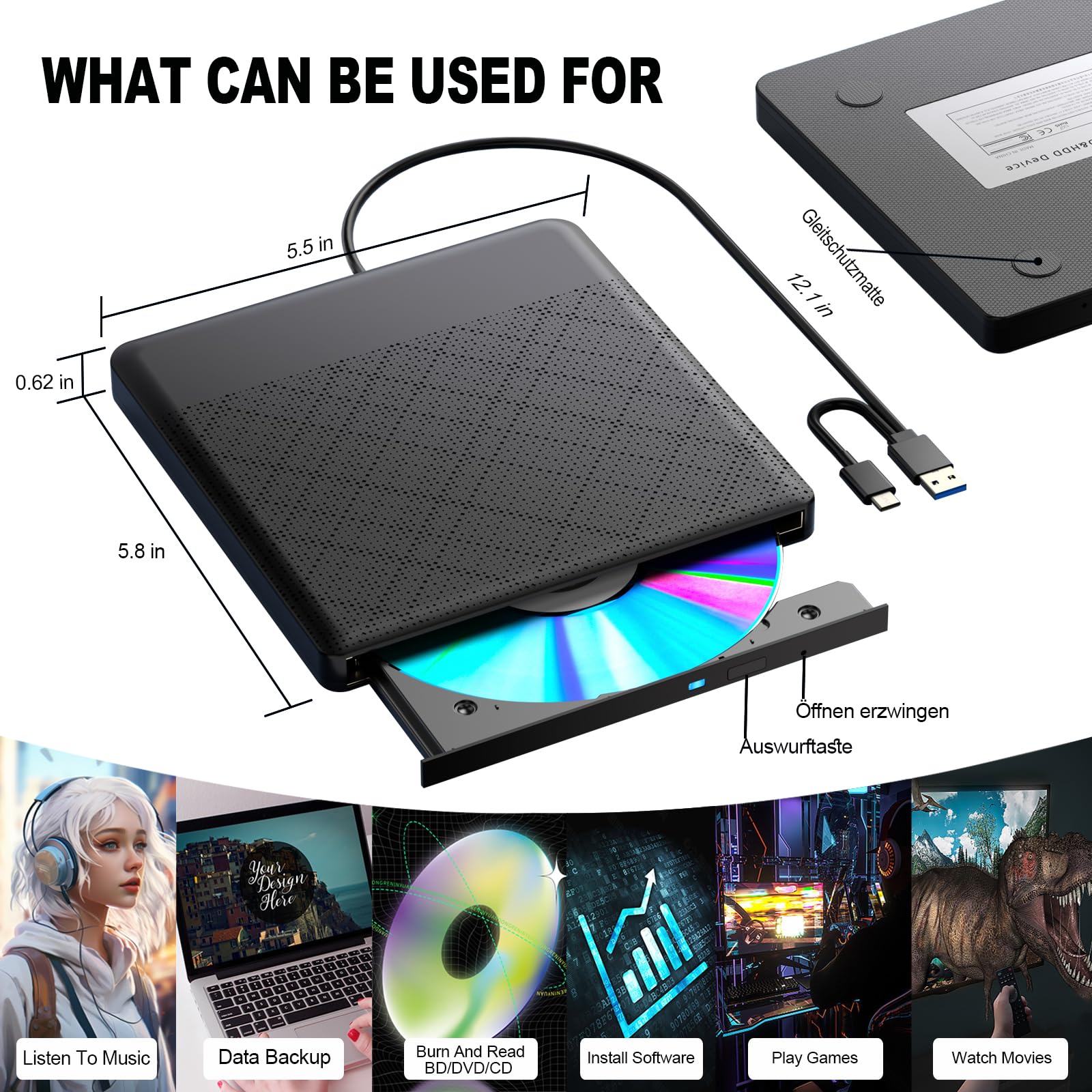 Lecteur Blu-ray externe DVD/BD lecture/écriture Lecteur Blu-ray portable USB 3.0 et enregistreur DVD de type C 4K Ultra Haute définition Enregistreur Blu-ray pour Win7/8/10/11/PC