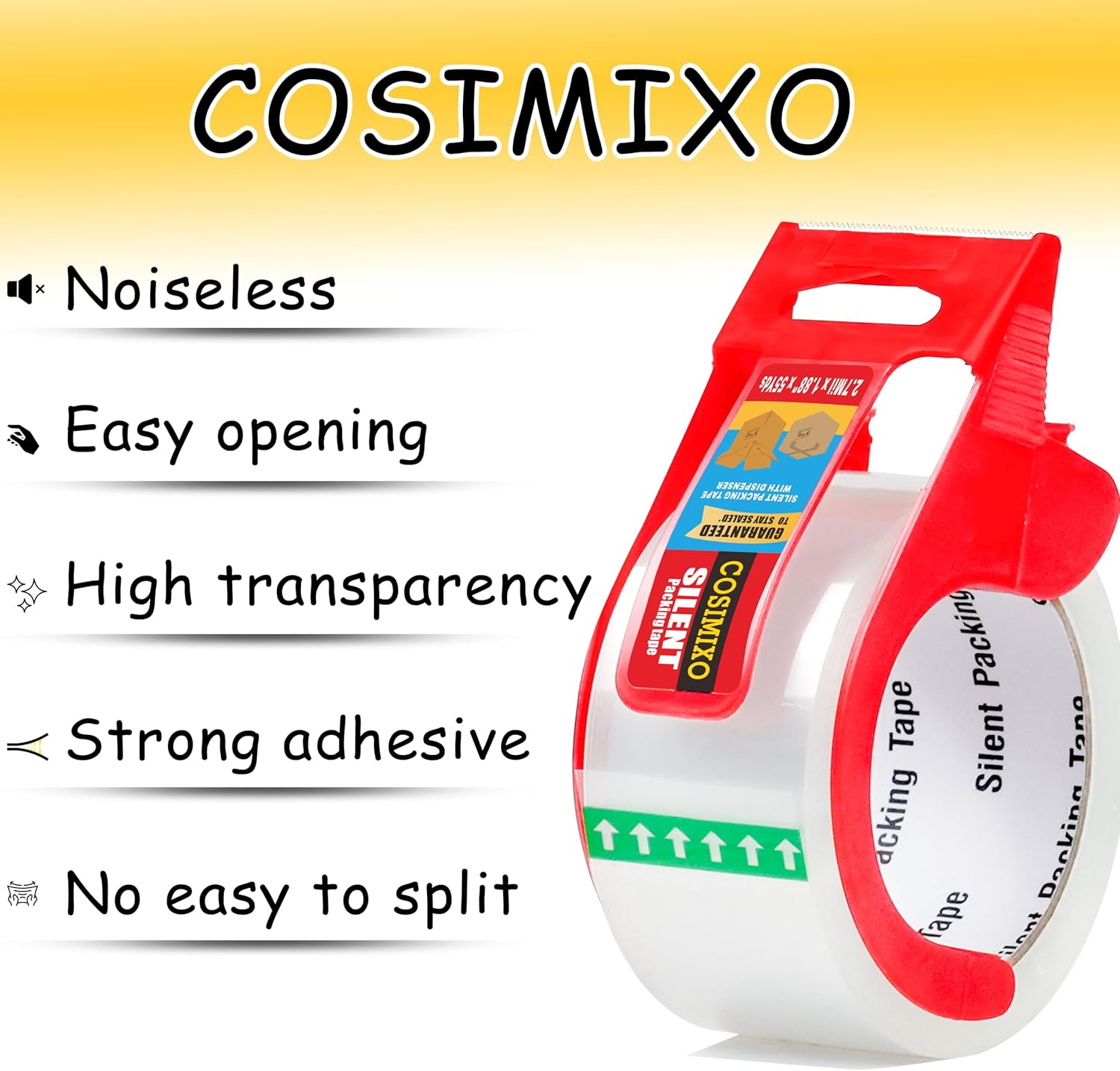 6-Pack No Noise Clear Packing Tape with Dispenser,2.7mil x 1.88" x 55Yds Heavy Duty Noiseless Packing Tape,Packaging Tape for Shipping, Industrial Grade Moving Tape for Boxes COSIMIXO
