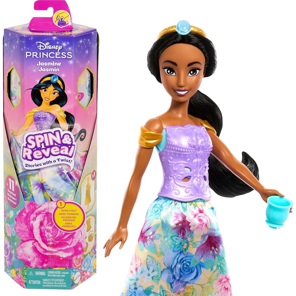 Mattel Disney Princess Jasmine Fashion Doll Set, Spin & Reveal with 11 Surprises Including 5 Accessories, 5 Stickers & Play Scene, Inspired by Movie