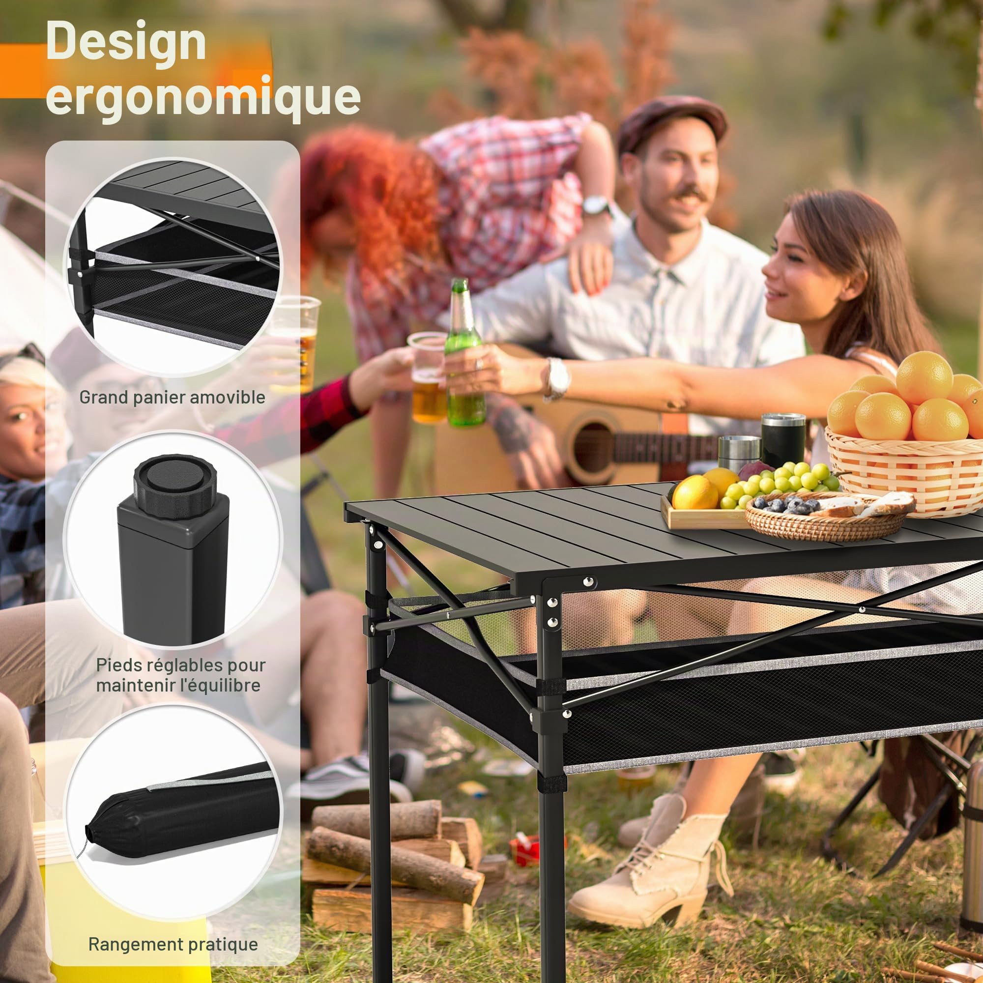Table de camping pliante avec rangement et dessus enroulable en aluminium, sac de transport pour camping, jardin, plage, barbecue, jusqu'à 100 kg