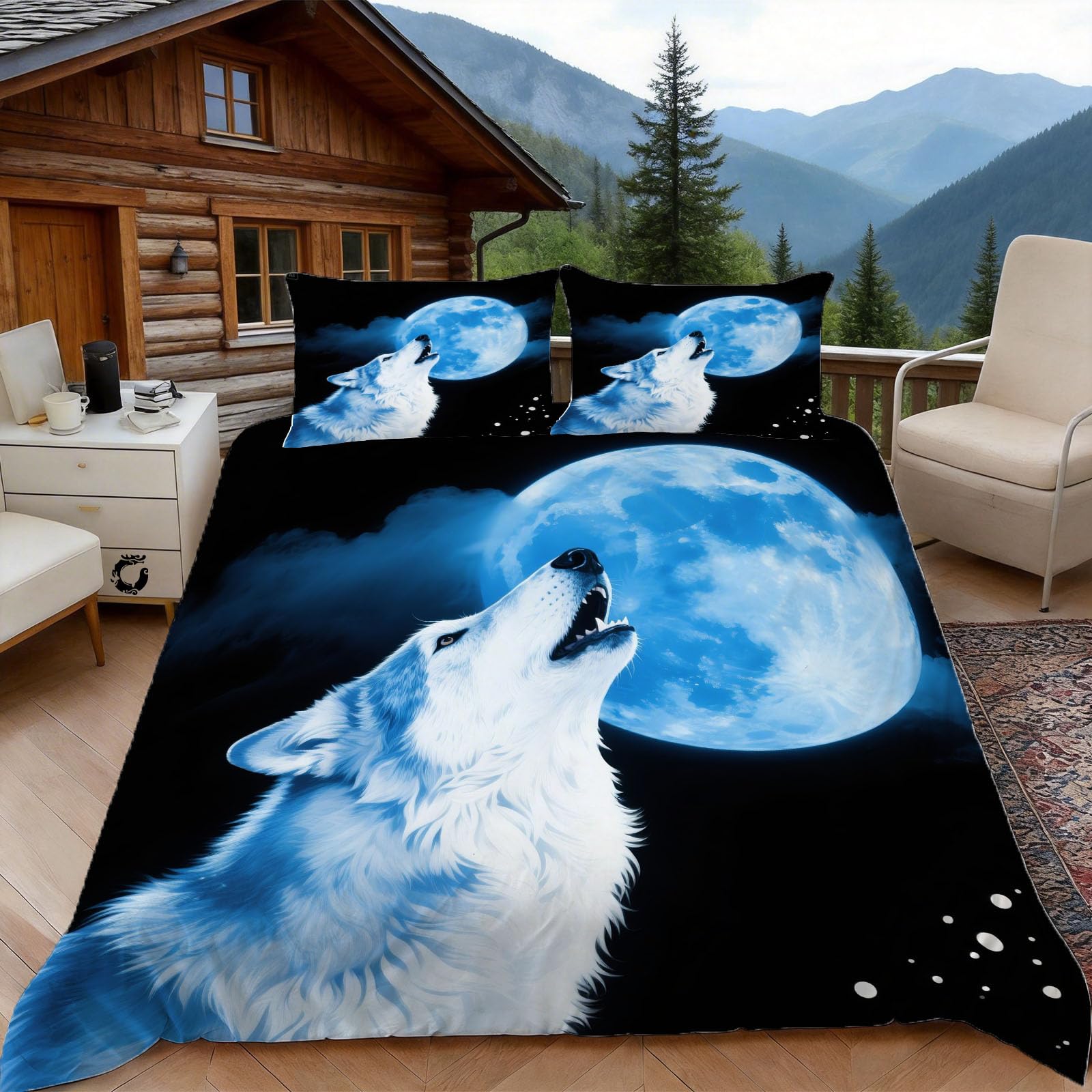 3D King Size Duvet Cover Sets 3D Printed Wolf Moon Bedding, Wildlife Animal Soft Microfibre Duvet Cover Sets Quilt Cover and Pillow Set with Zipper 3 Pcs