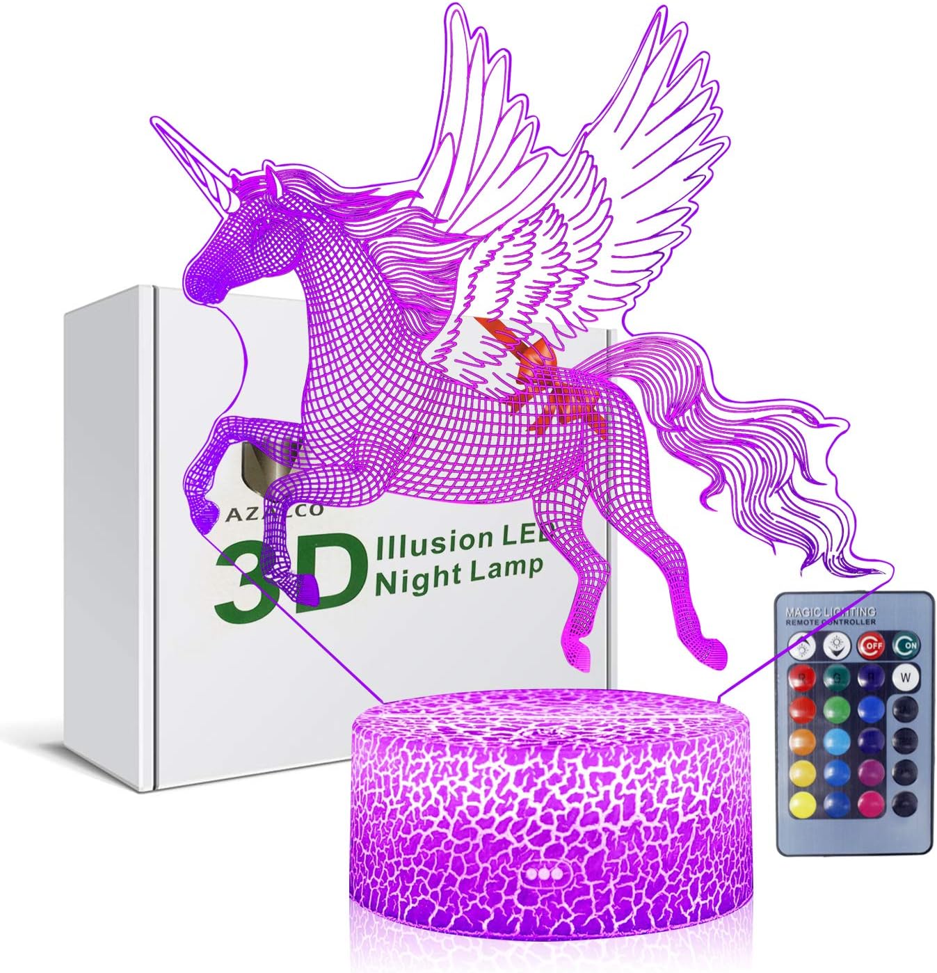 AZALCO 3D Illusion Monocerous Unicorn Night Lamp 16 Color Change Touch White Crack Base Remote Control Birthday Present Boys Girls Party Kids Decor Christmas Gifts Xmas Gift