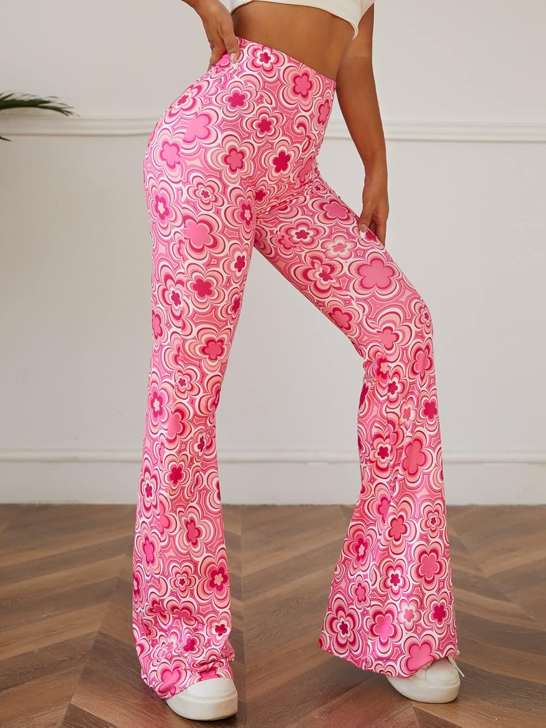 OYOANGLE Women's Floral Print High Waist Yoga Pants Wide Leg Pants Bell Bottom Trousers