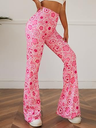 OYOANGLE Women's Floral Print High Waist Yoga Pants Wide Leg Pants