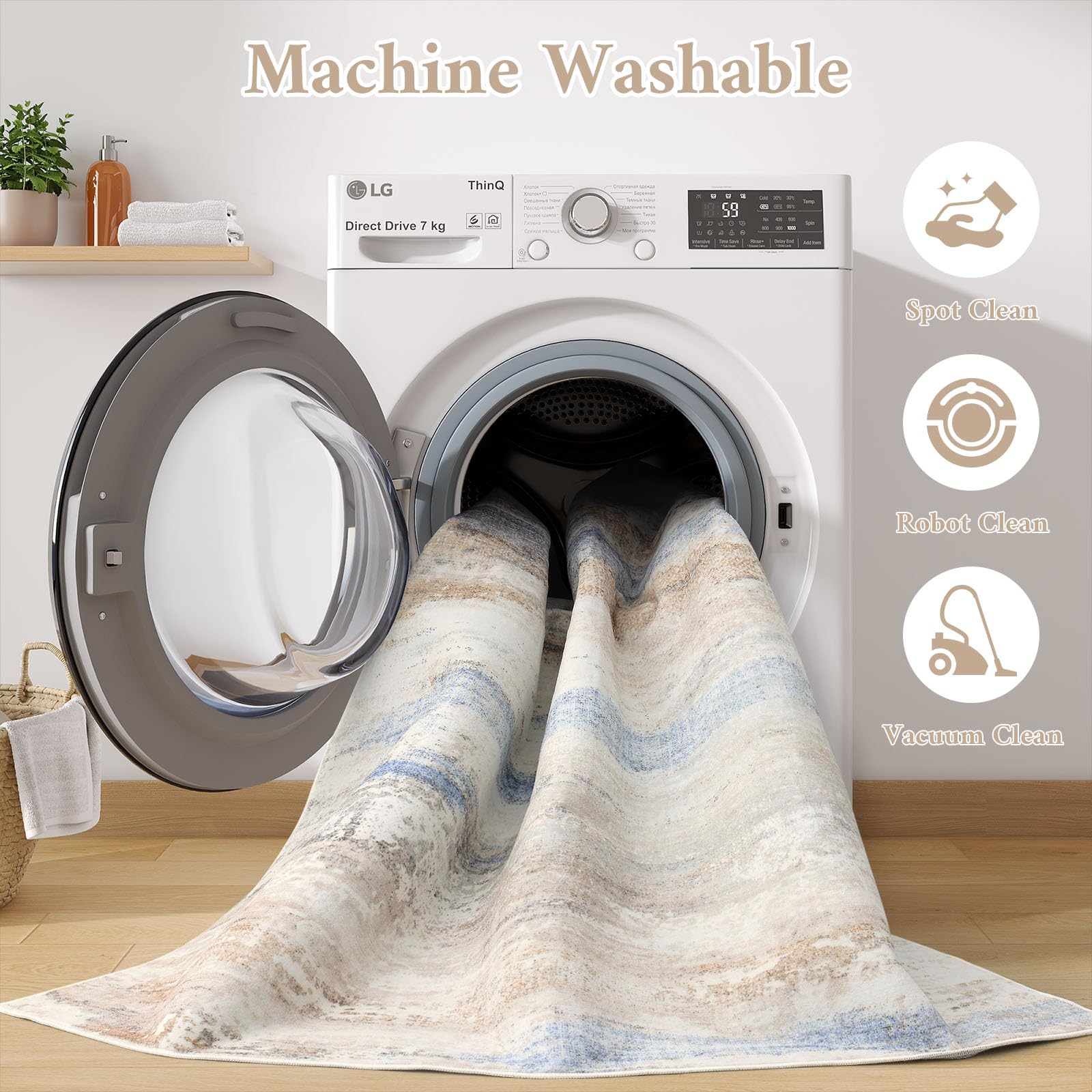 smiry Tappeto moderno astratto per soggiorno, 120 x 160 cm, lavabile, antiscivolo, in lana sintetica, a pelo corto, per camera da letto, sala da pranzo, ufficio, blu e beige