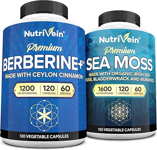 Nutrivein Cápsulas de musgo marino irlandés premium y paquete de suplementos de berberina paquete de suplementos de musgo marino y berberina de alta