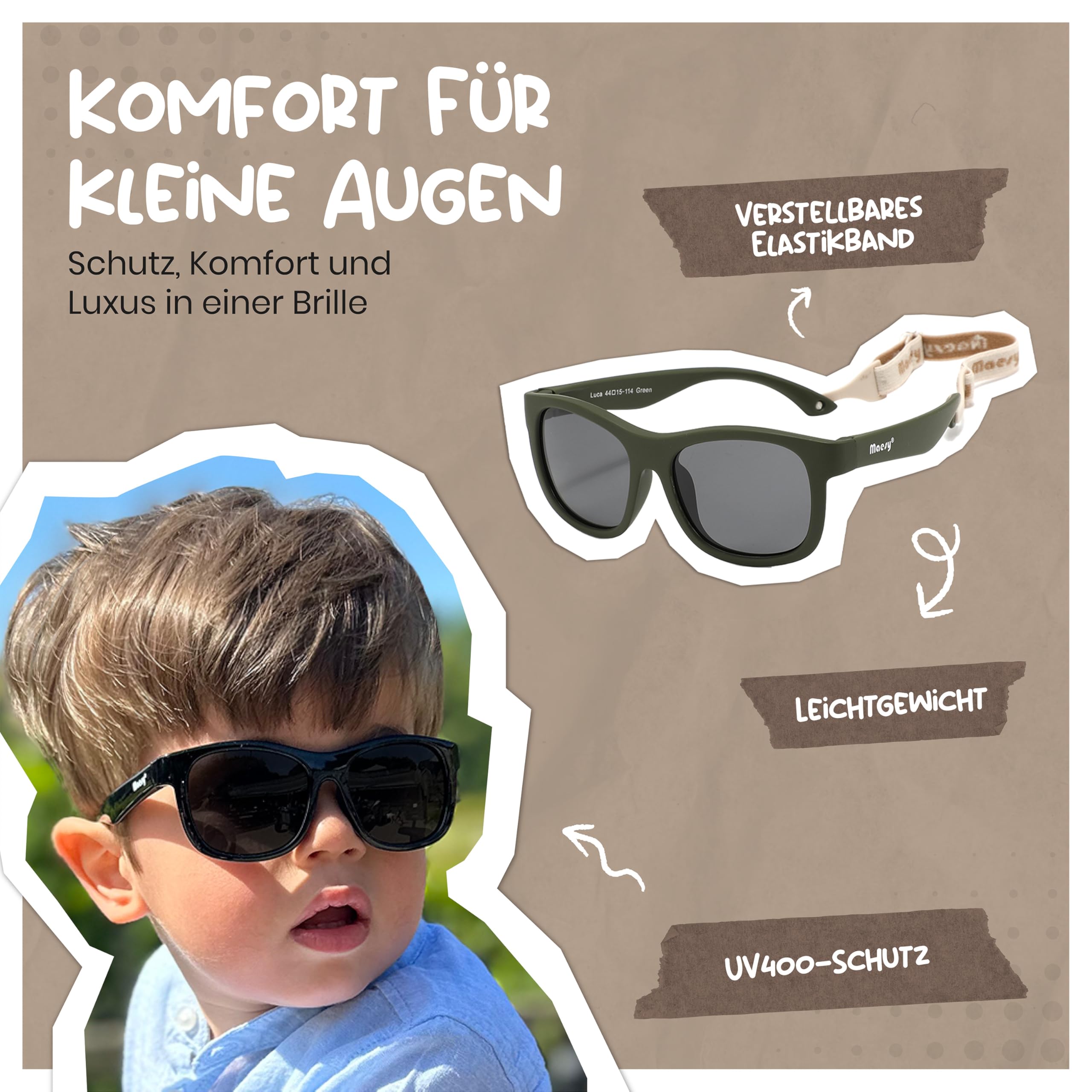 Kinder Sonnenbrille für Kleinkind und Baby - 1-3 Jahre - UV400 Polarisierter Schutz - Flexibler und Biegsamer Rahmen - Verstellbares Gummiband - Sichere und Bequeme Kindersonnenbrille - Luca