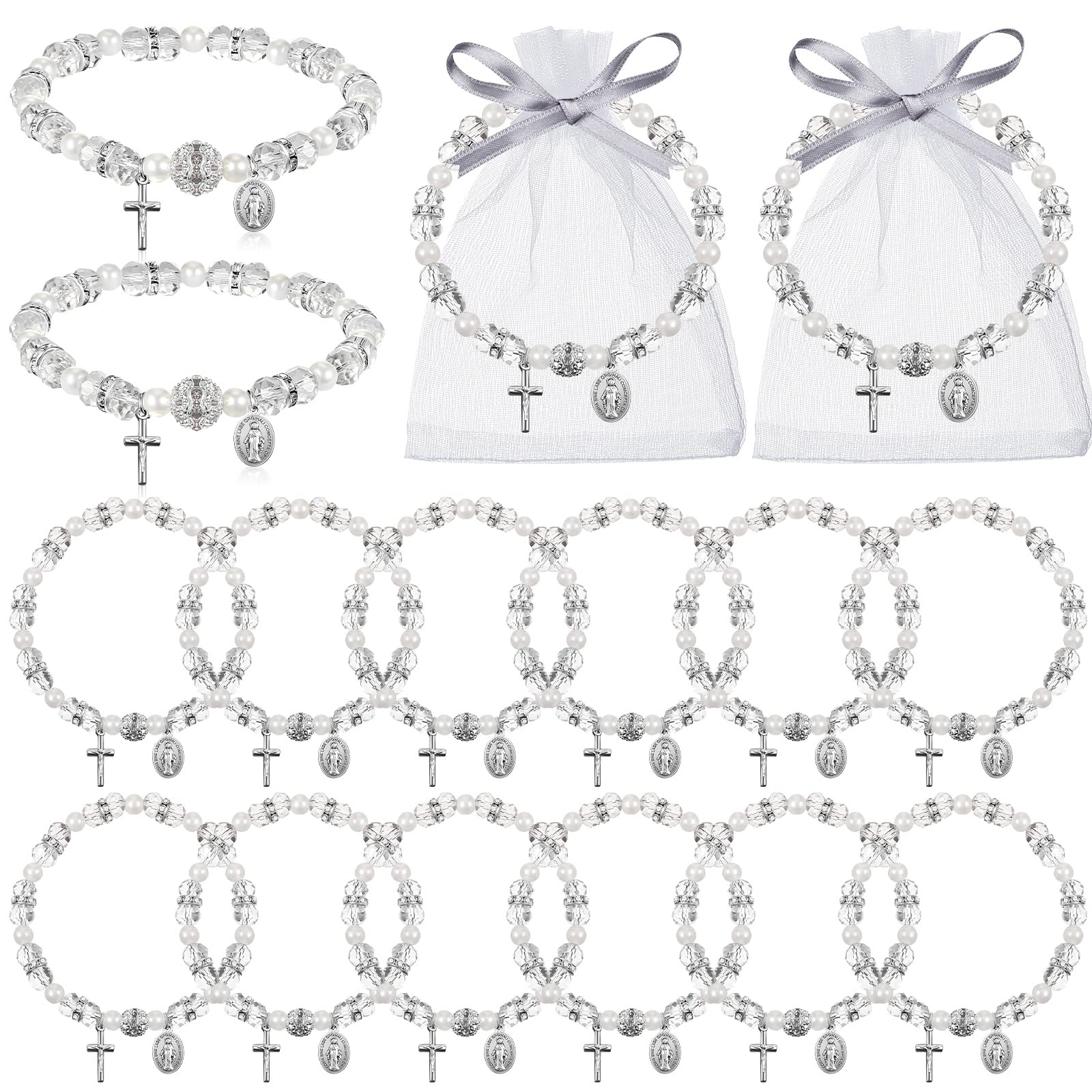TaiyinRosary Bracelet Bulk with Mesh Bags, White Religious Rosary Bead Bracelet Catholic Bracelets, Baptism First Communion Gifts for Women