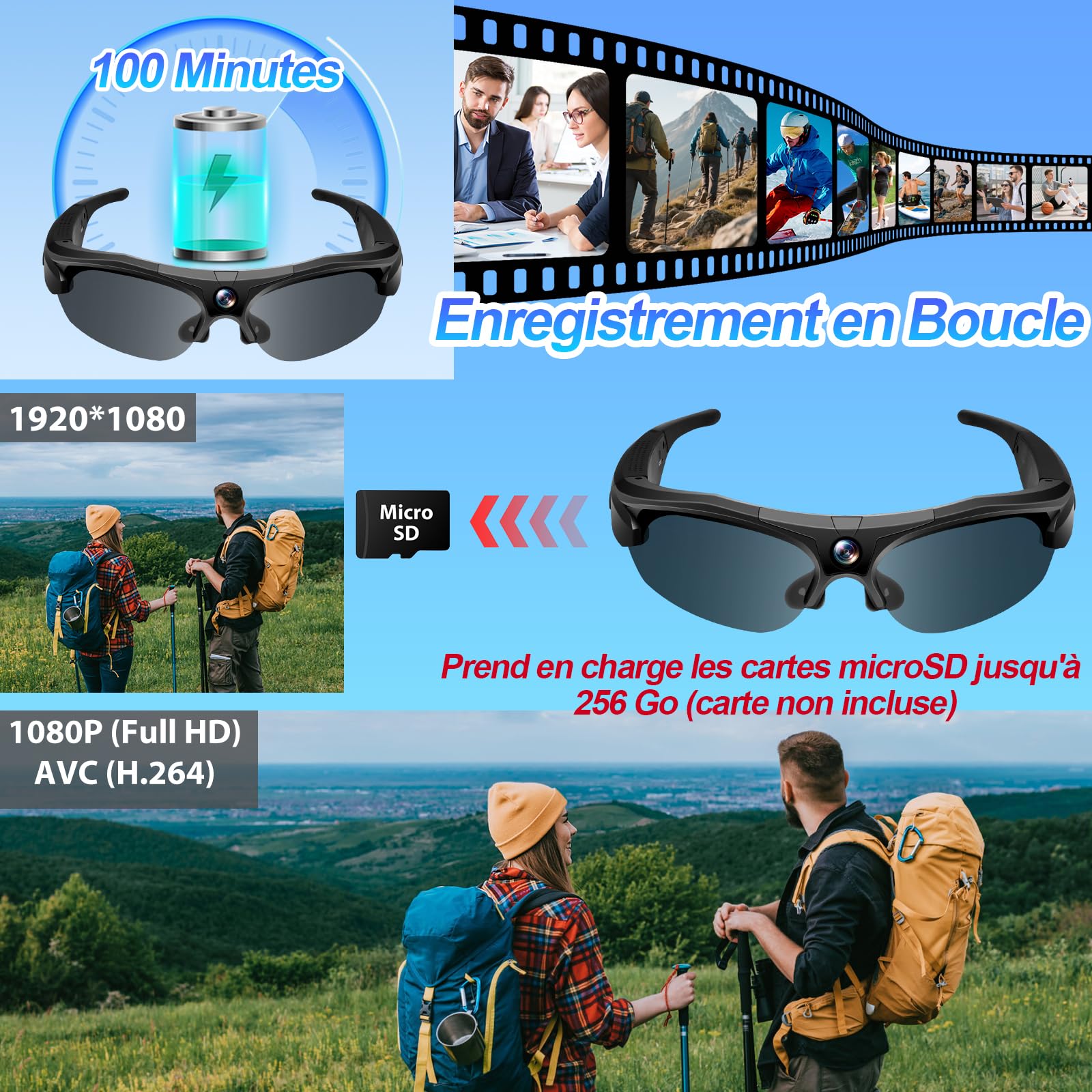 TANGMI Lunette Camera Sport 1080P HD Grand Angle 120° WiFi Enregistrement 2 Heures Cyclisme Ski Plein Air