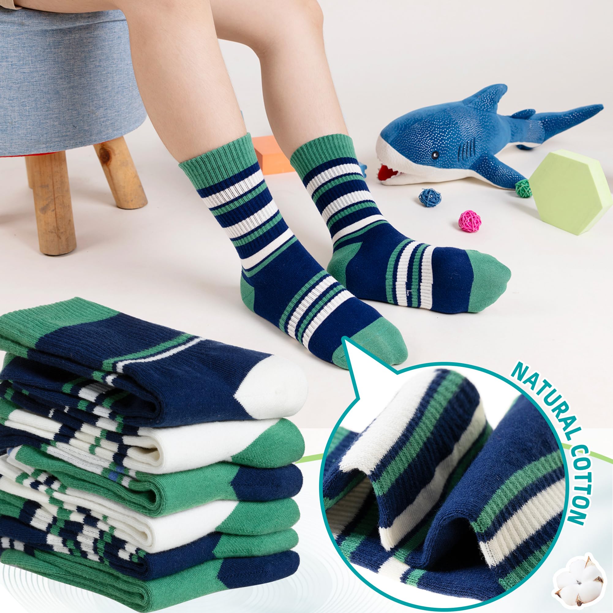 Eyean Kids Boys Athletic Socks Basketball Sport Cotton Breathable Crew Youth Casual Socks 6 Pairs (Green/White, 9-15 Years)