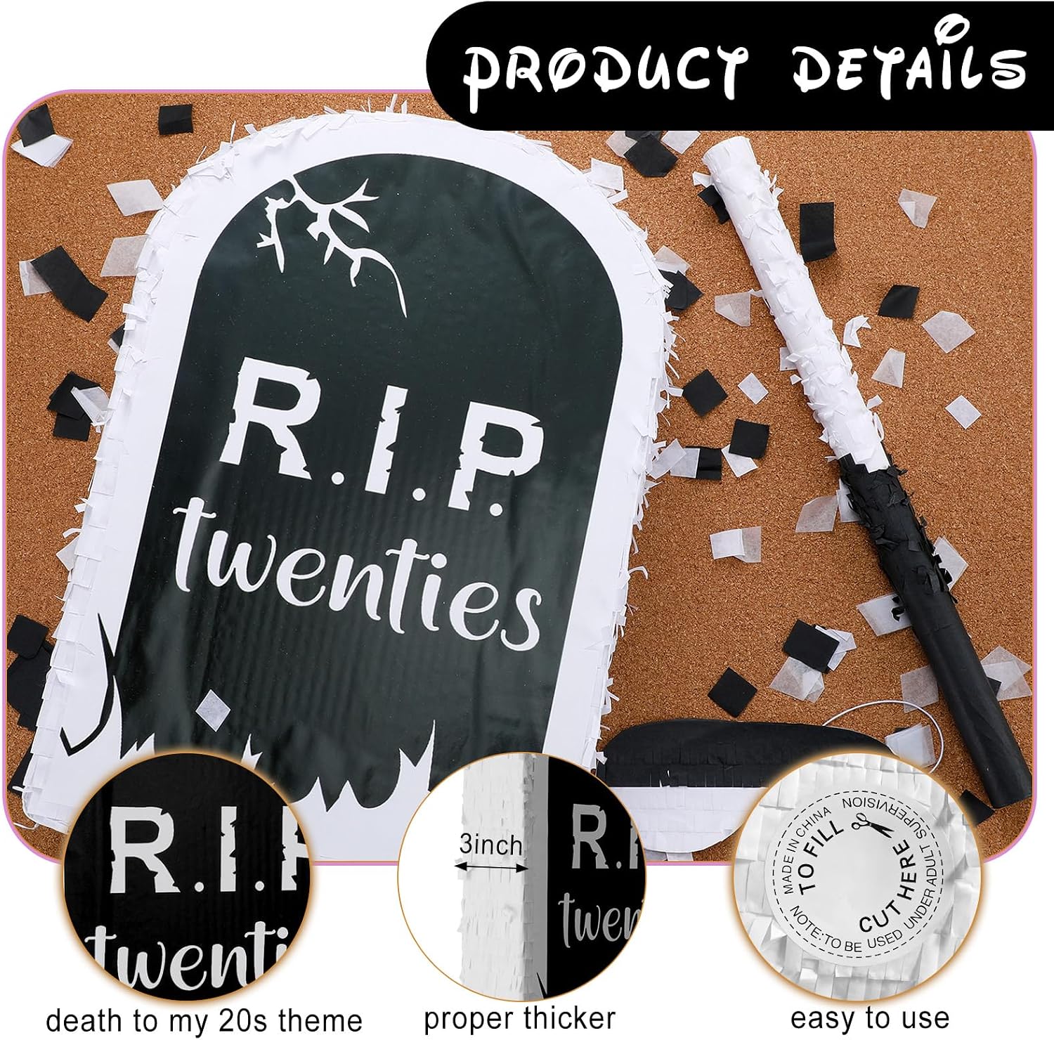 Syhood 4 Pcs Death to My 20s Decoration Rip Twenties Piñata 11 x 15.7" Funeral Tombstone Piñata with Stick Blindfold Confetti Bat for Women Men 30th Birthday Anniversary Party Supplies