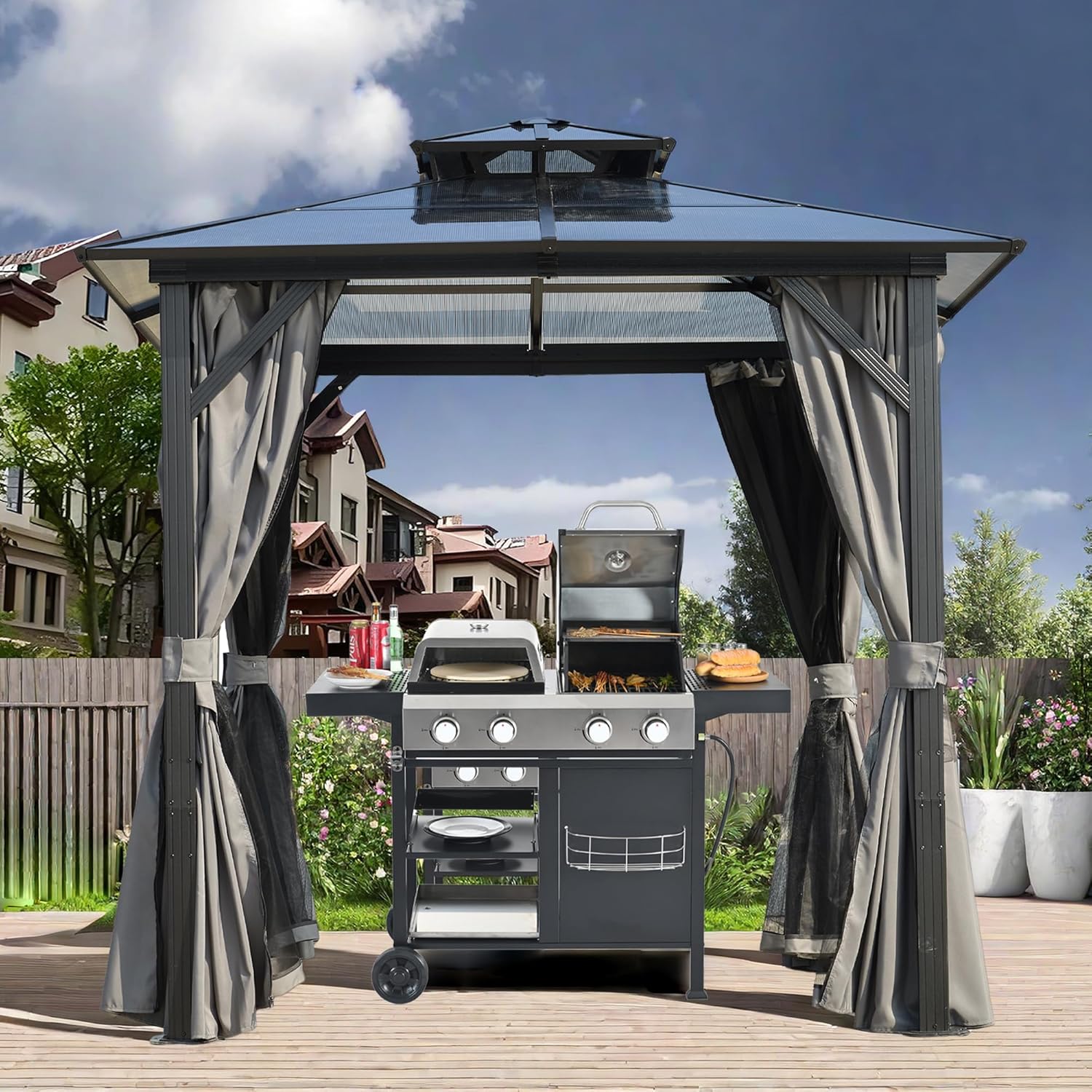 YOPTO 8X8FT Hard Top Metal Gazebo Outdoor Patio Double Roof Canopy Garden Tent with UV-Resistant Polycarbonate Roof & Storage Hooks for Patio, Lawn,BBQ,Gray