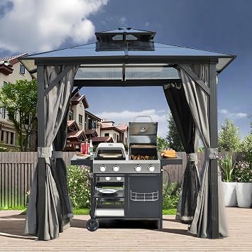 8x8ft Outdoor Grill Gazebo, Patio Gazebo for Grill with UV-Resistant Polycarbonate Roof & Storage Hooks for Backyard, Lawn, Garden, Grey