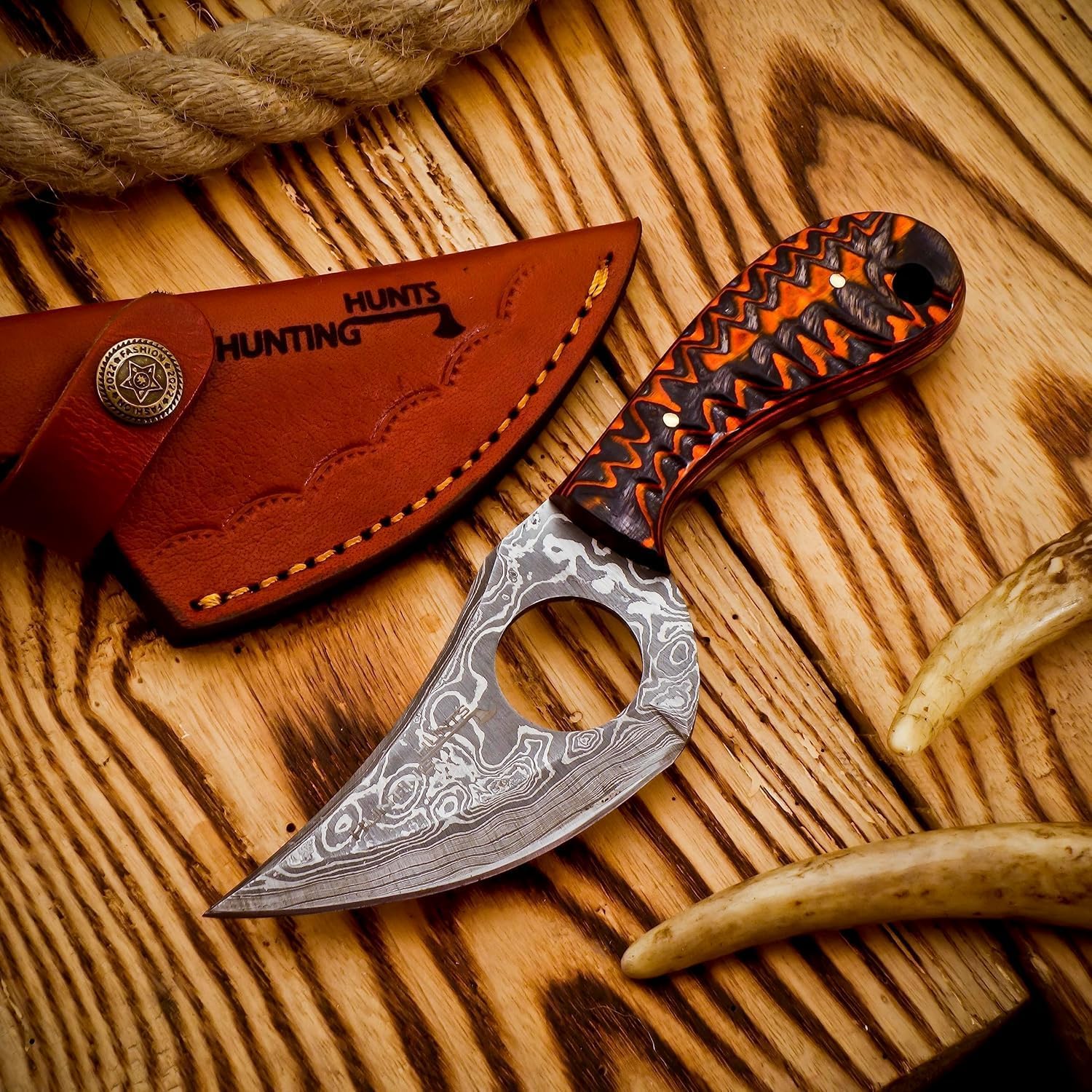 Handmade Damascus Knife with Leather Sheath - For Skinning, Camping, Outdoor - EDC 7” Fixed Blade Bushcraft Knives | Red Black Exotic Wood Handle (7” Fixed Blade Knives)