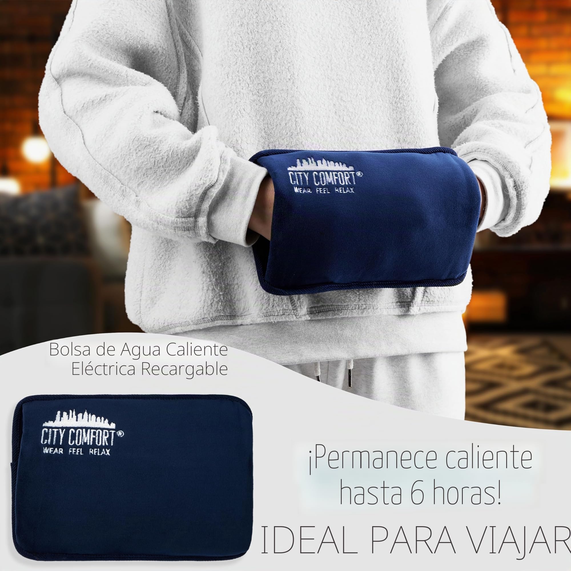 CityComfort Bolsa de Agua Caliente Eléctrica Recargable de 6 horas Saco Térmico Calor en Manos Cama y Cuerpo Hot Water Bag (Azul marino)