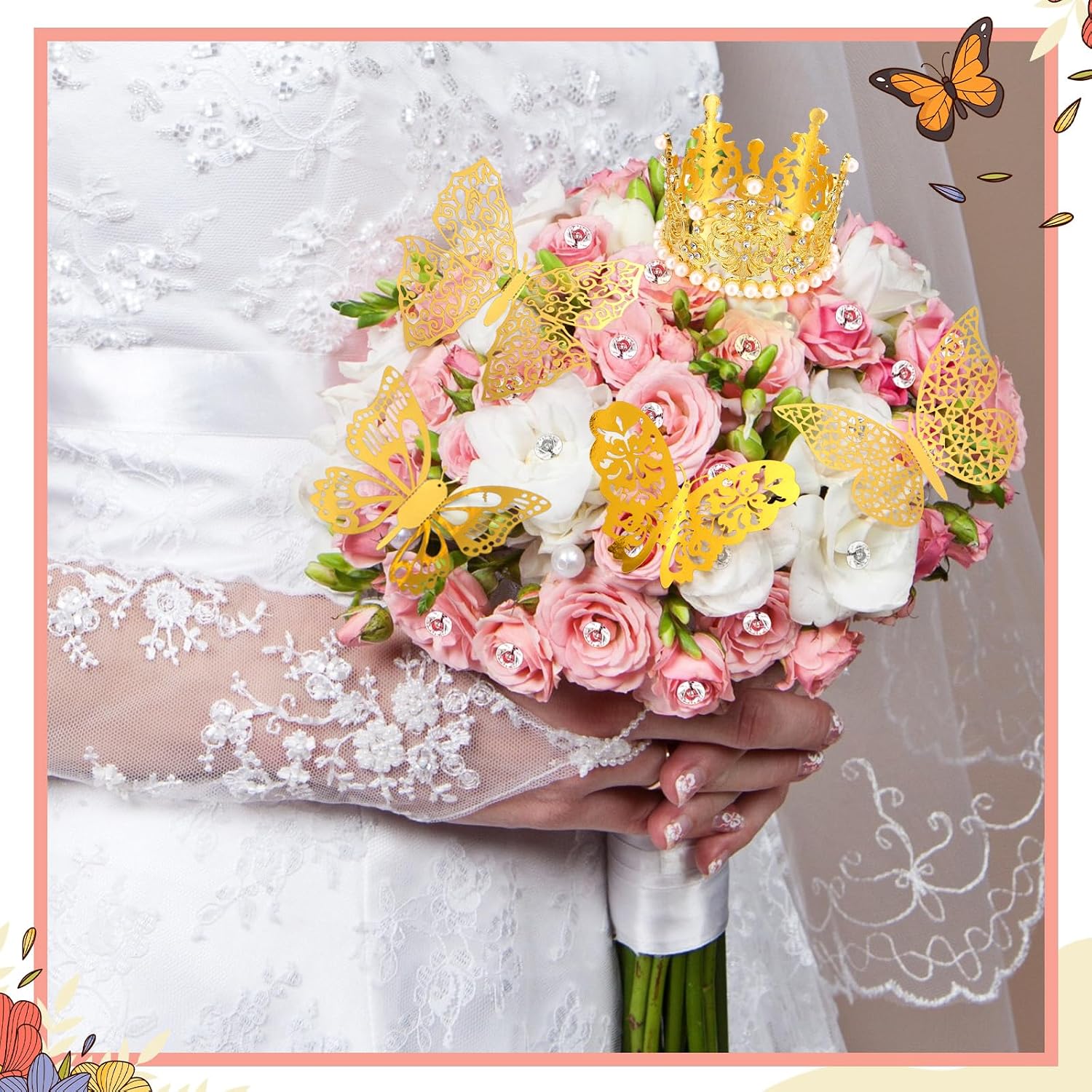 Estune 195 Pcs Flower Bouquet Accessories, 60 Floral Wrapping Paper 4 Gold Crowns 48 Butterfly Decorations 200 Flower Pins for Mother's Day Birthday Wedding Gift Florist Supplies(Neutral Color)
