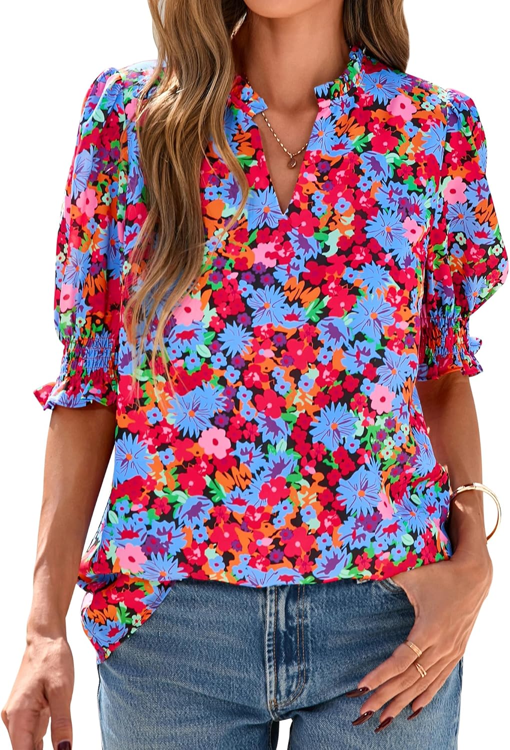 BTFBM Summer Blouses for Women Dressy Casual 2025 Spring Floral Boho Shirts V Neck Puff Short Sleeve Business Work Tops
