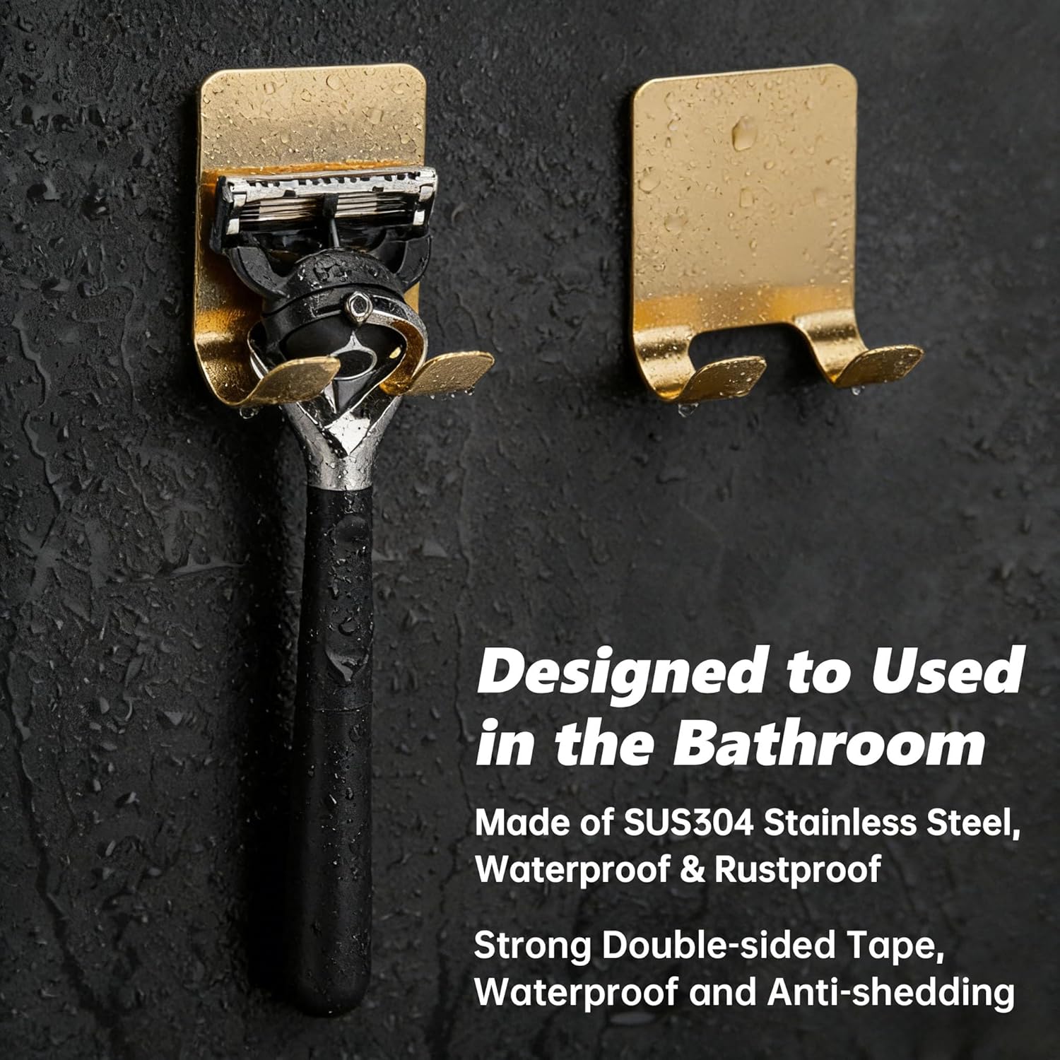 Self Adhesive Hooks Waterproof Razor Holder in Inside Shower 4 Pack, Metal Heavy Duty Utility Storage Hook.Towel. Loofah Holder for Wall.Hanger Hooks for Bathroom or Kitchen Organisation. Gold