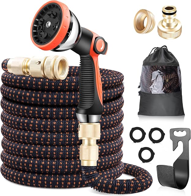 lanktoo Expandable Garden Hose: 50ft Pipe - with 3/4" Solid Brass Fittings, Anti-Leakage Flexible Expanding Hose with 10 Function Spray Nozzle Gun, Durable No Kink Leakproof Pipe