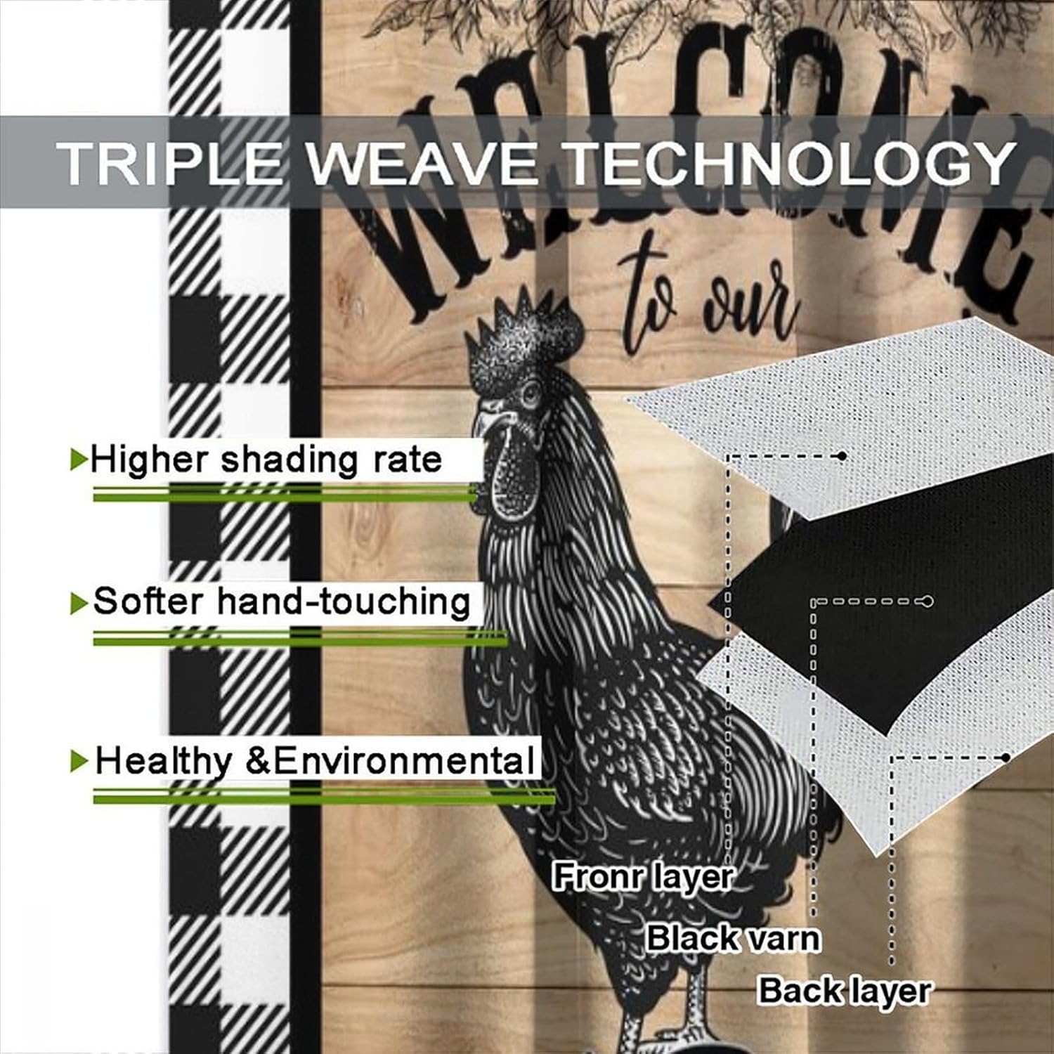 Chicken Kitchen Curtains Rustic Wood Farmhouse Black and White Grid Chicken Pattern Blackout Print Rod Pocket Window Drapes for Bedroom Living Room 42x45in