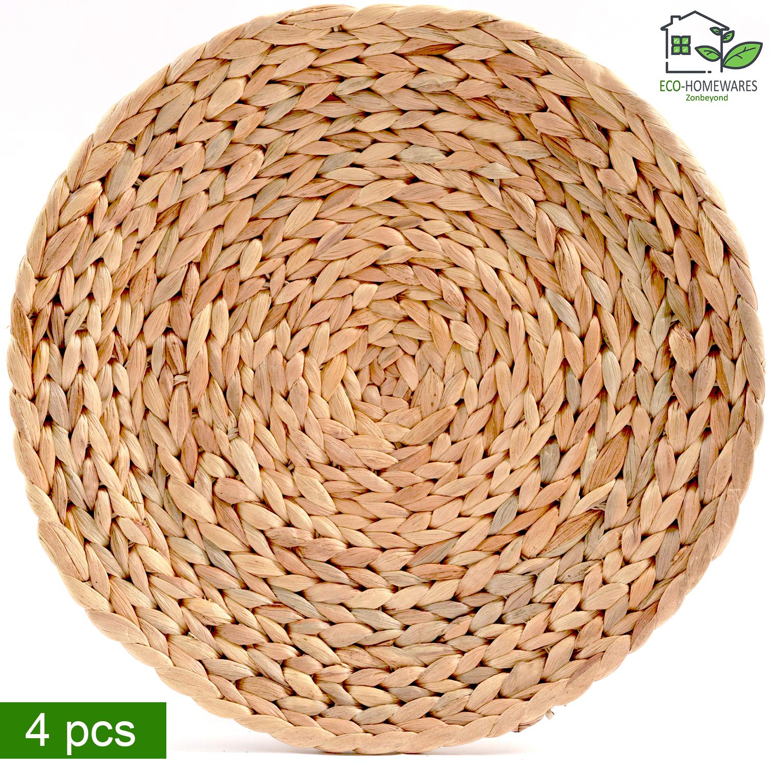 Large Wicker Placemats for Dining Table, Handmade Water Hyacinth Placemats for Hot Dishes, Insulated Hot Pads Round Placemats for Kitchen (Water Hyacinth-4pcs-13.4")