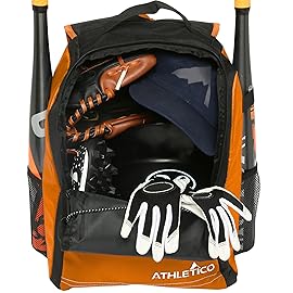 Athletico Youth Baseball Bag - Bat Backpack for Baseball, T-Ball & Softball Equipment & Gear | Holds Bat, Helmet, Glove | Fence Hook (Orange)