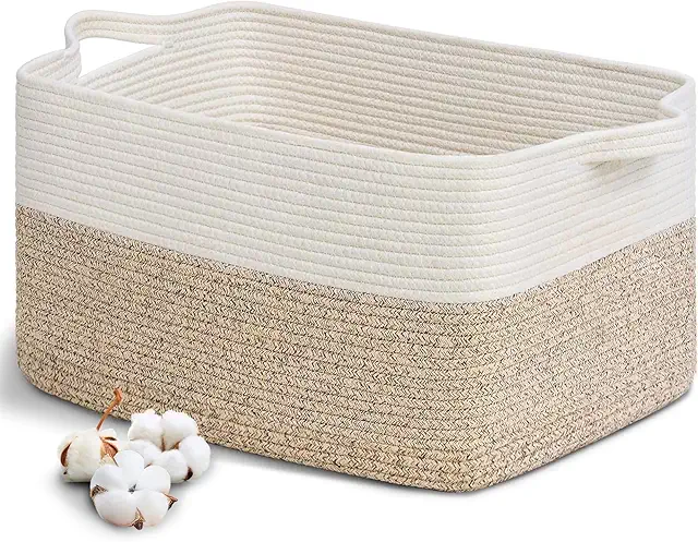 BUOAZR Large Woven Cotton Laundry Basket 63L with Handles - Stor Korg