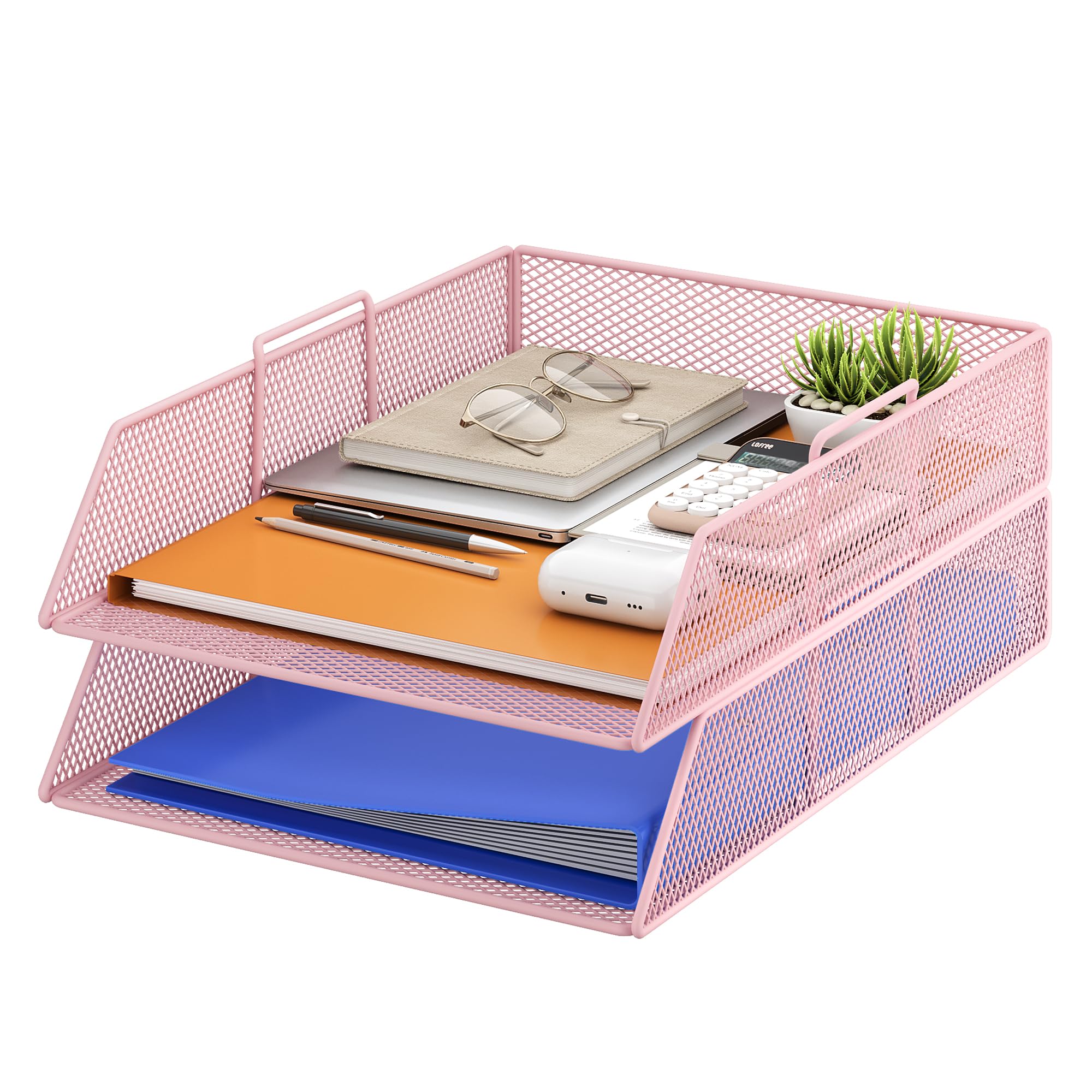 VITVITI 2 Tier Stackable Letter Tray for Office Tidy, Desk Paper Organizer File Trays for Office Desk Accessories, Paper Letter Accessories with Pen Holder - Pink