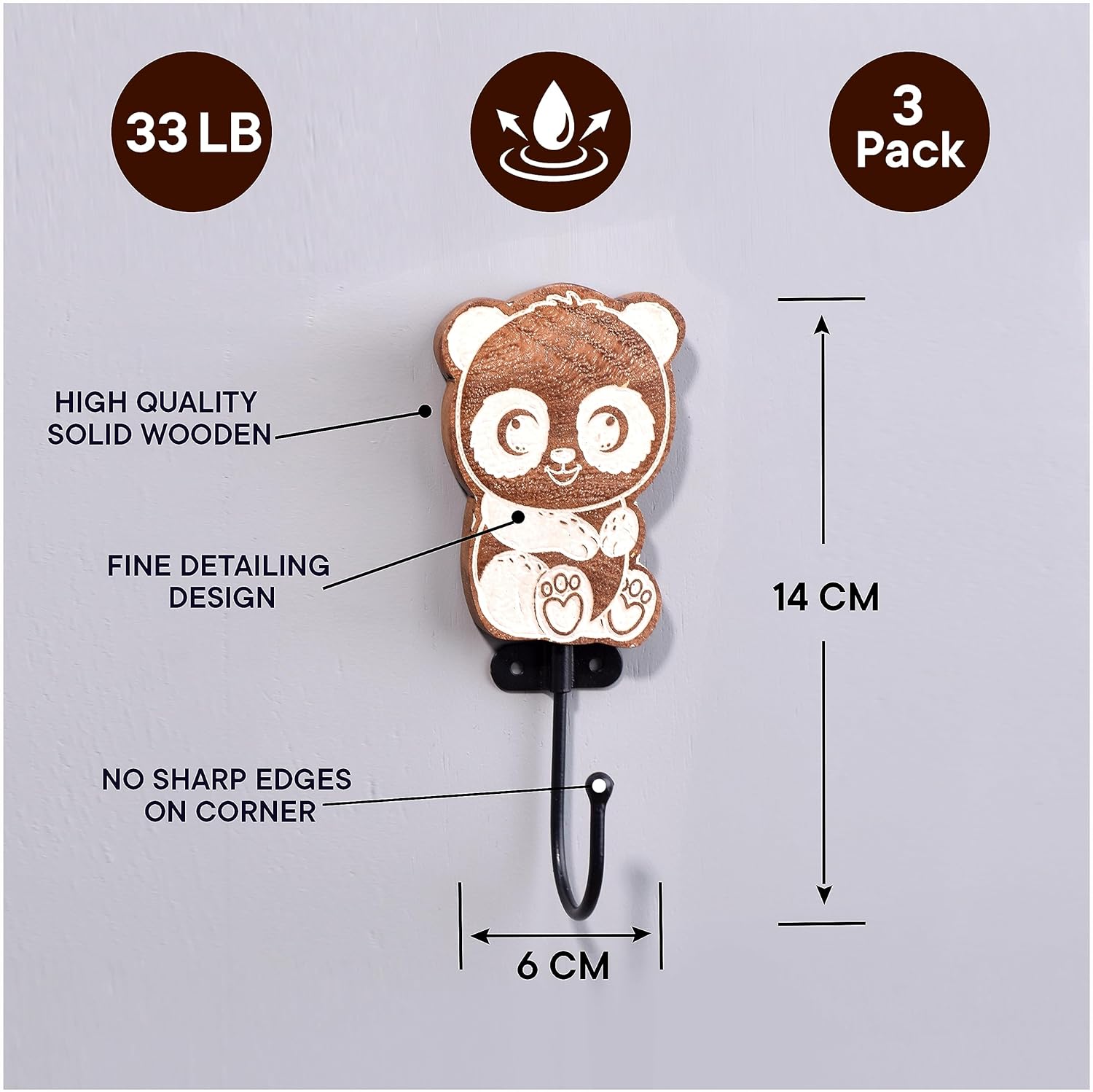 Indian Shelf 3 Pack Aesthetic Wooden Panda Heavy Duty Decorative Vintage Key Holder, Key Wall Hooks for Hanging Coats, Jackets, Leash, Hat, Towel, Backpack, Purse, Handbag for Mudroom Décors -Brown