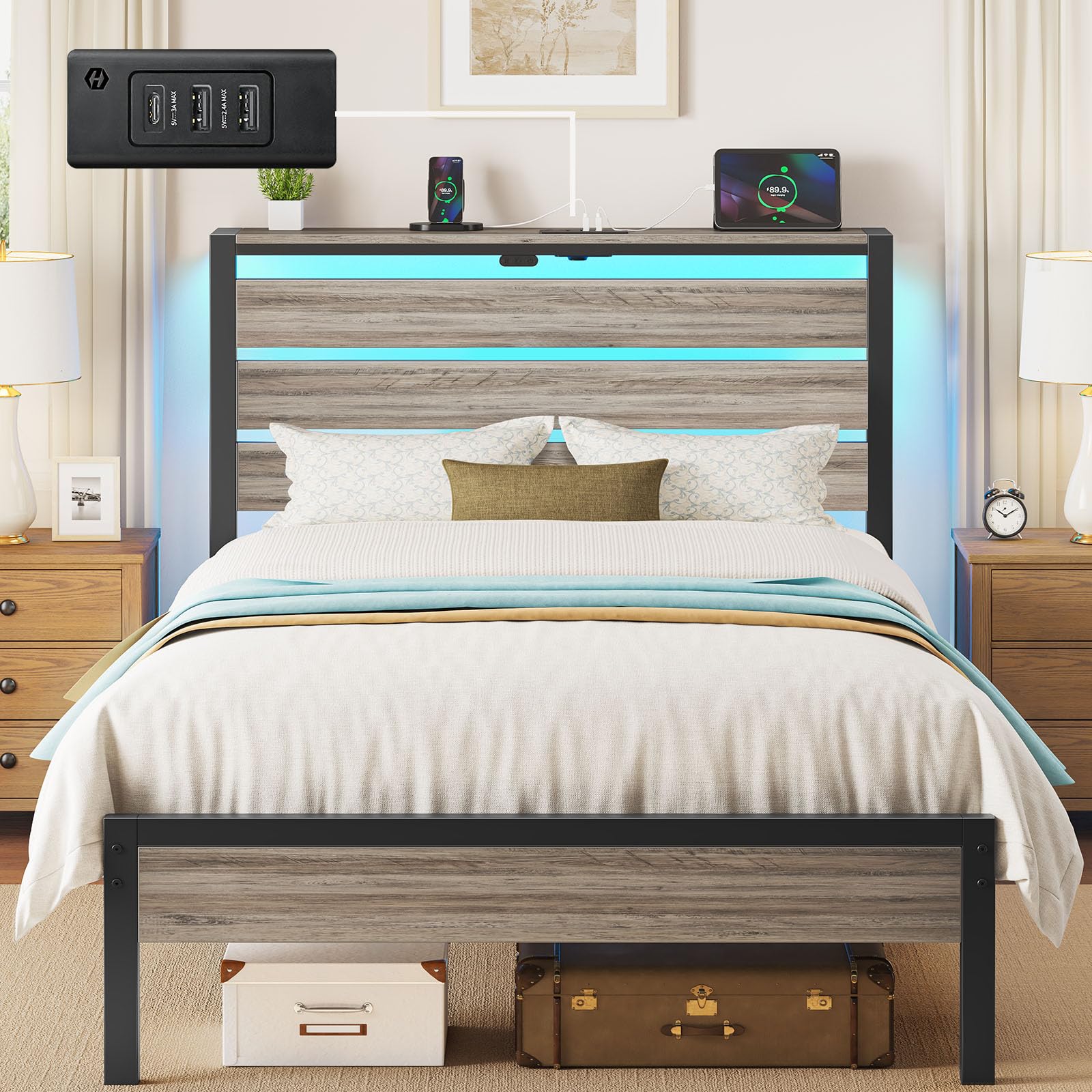 Photo 1 of ***MISSING PARTS**** SEE PHOTO**Rolanstar Bed Frame Twin Size with USB Charging Station, LED Bed Frame with Wood Storage Headboard, Light Grey Metal Platform Bed with Under Bed Storage, No Box Spring Needed, Noise Free