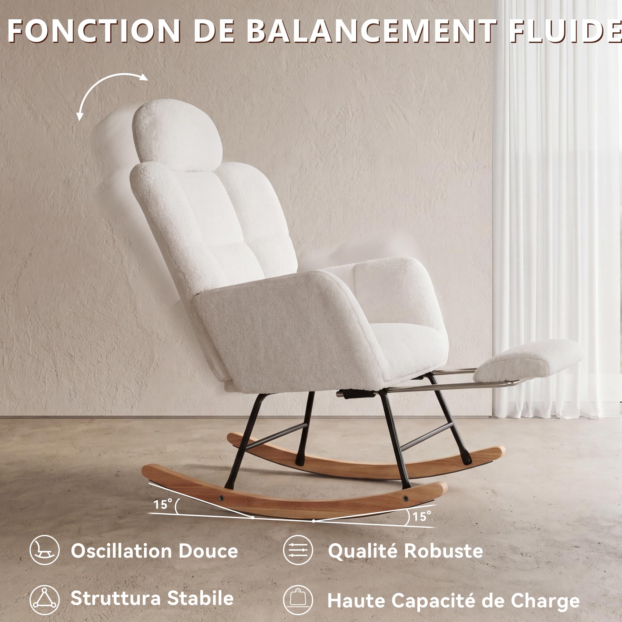 DEKKETO Fauteuil à Bascule - Rocking Chair avec Appui-tête & Repose-Pieds, Fauteuil Relax Scandinave en Tissu Bouclette, pour Salon, Allaitement, Chambre, Pieds en Bois Massif, Blanc