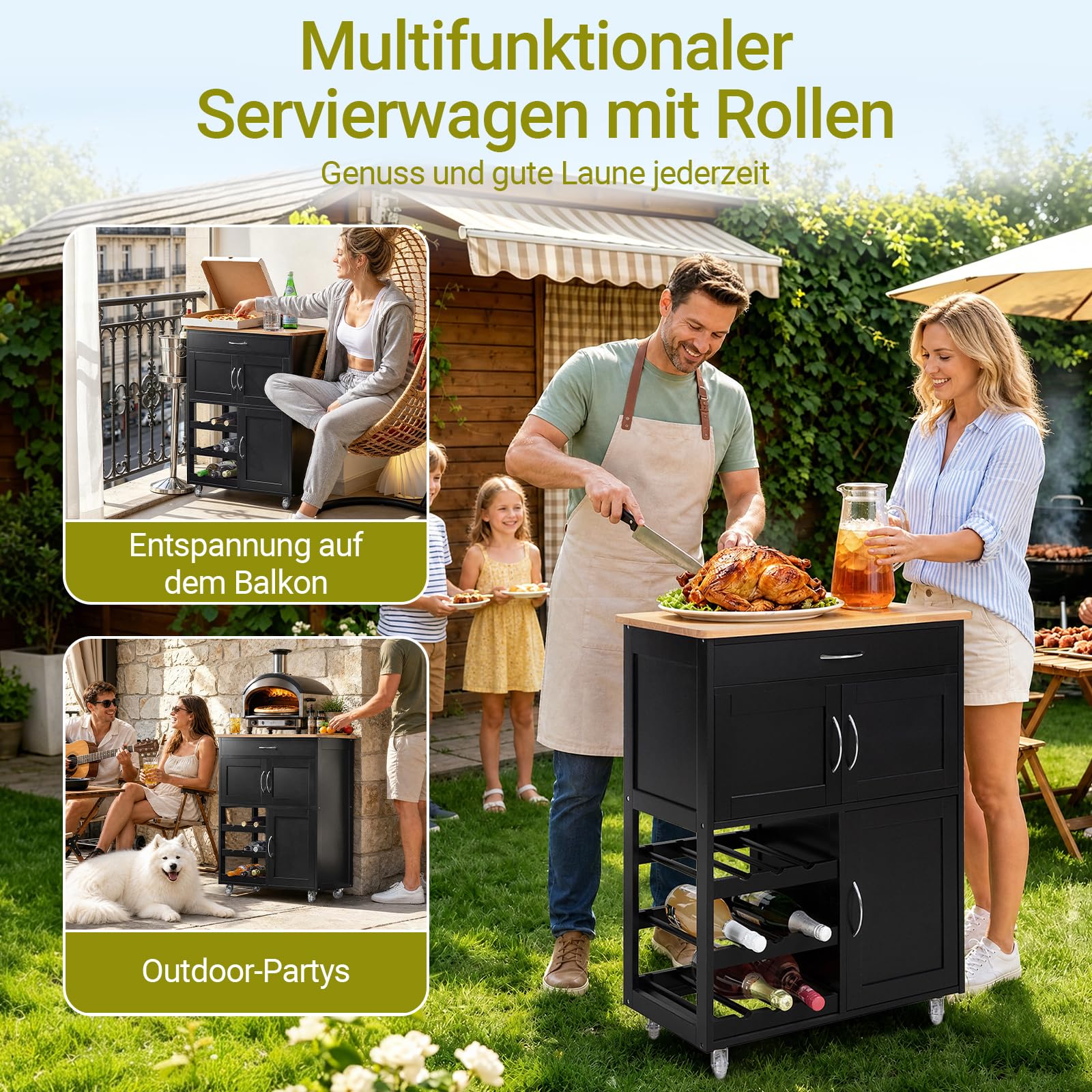 SoBuy Servierwagen mit Rollen und Weinregal 67x87x38 cm Küche und Outdoor | Küchenwagen mit Arbeitsplatte - Mobile Kücheninsel mit Schublade für kleine Küchen, Kaffee- & BBQ-Station MDF FKW45-SCH