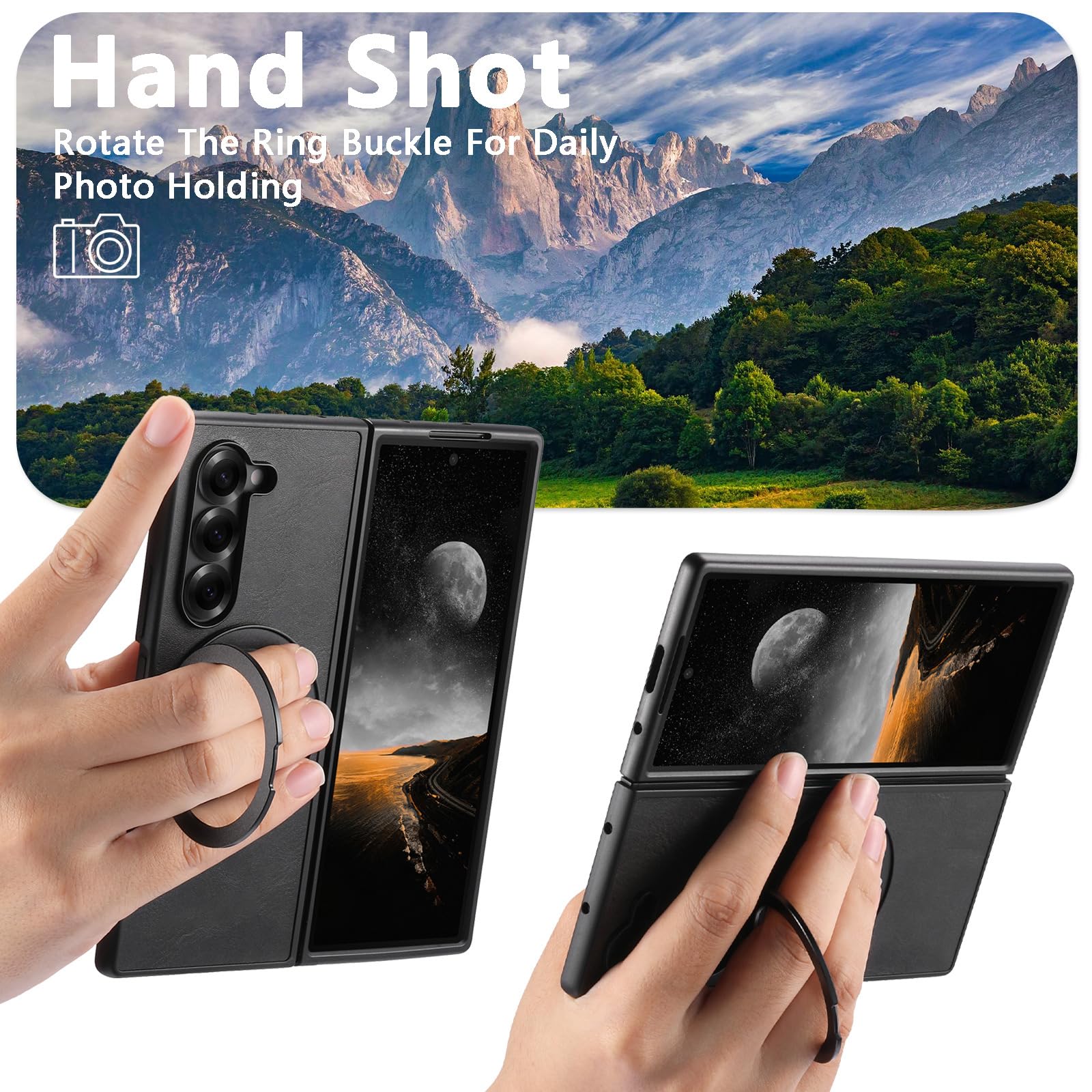 Magnetica Caso Per Samsung Galaxy Z Fold 8 Ultra, Rotazione a 360° Anello | Minimalista Cover In Pelle Protezione Staffa Invisibile Anti-Caduta Anti Ingiallimento Guscio,Nero,Fold 8 Ultra