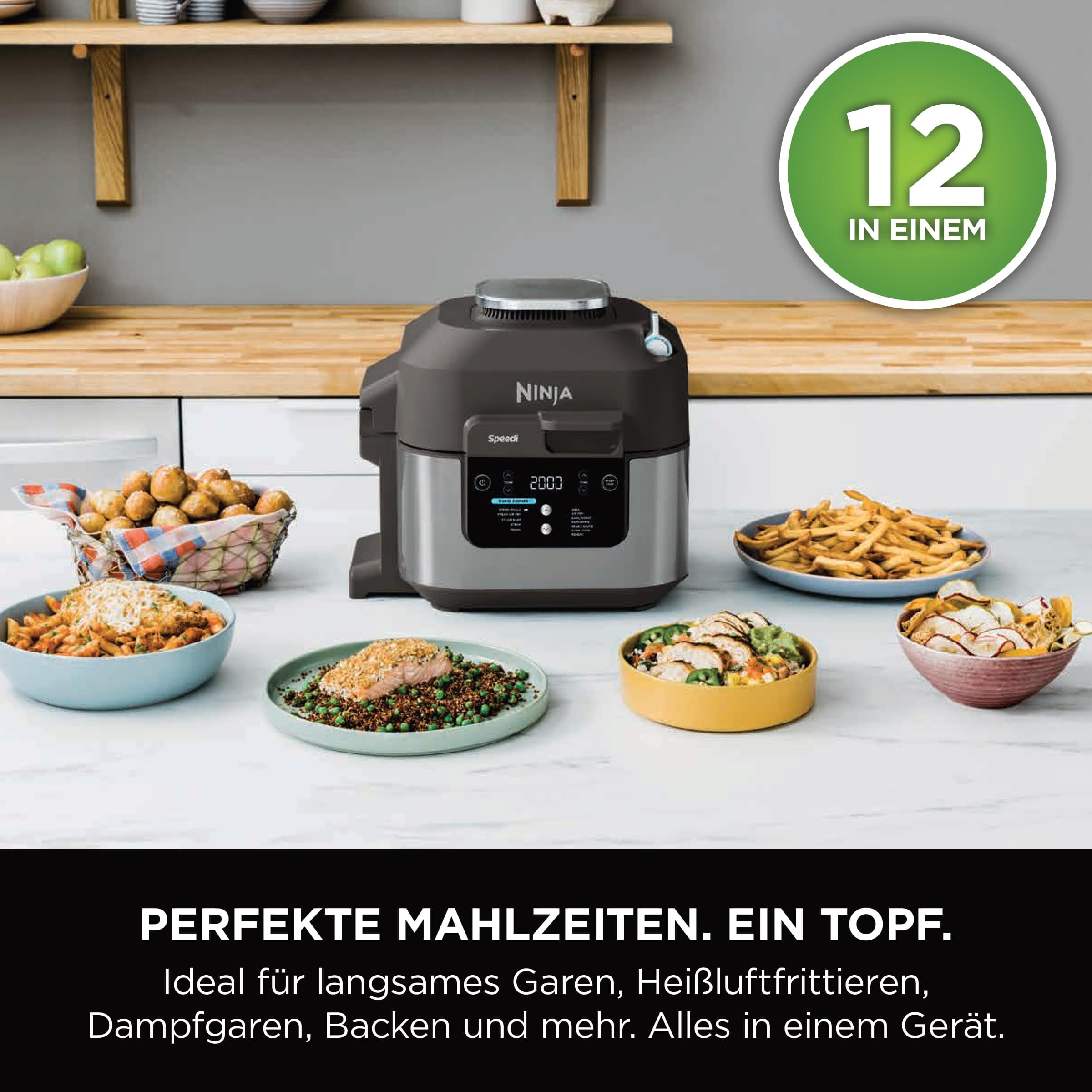 Ninja Speedi Multikocher, 5,7L, 12-in-1 Multicooker, Air fryer Heißluftfritteuse, Slow Cooker Langsamkochen, Grillen, Backen, Schwarz ON500EU