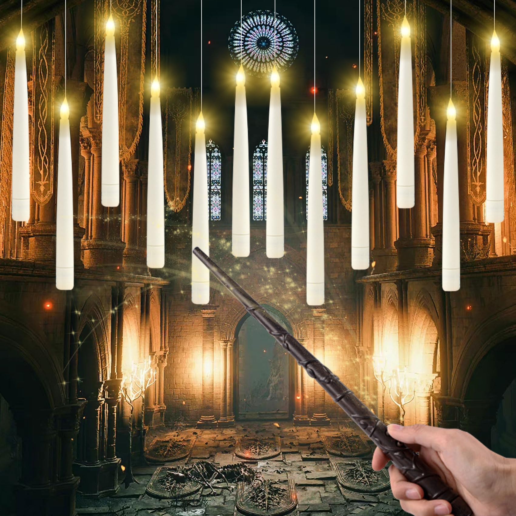 Schwebende Kerzen 12 Stück, LED Zauberstab-Stiftkerze zum Aufhängen mit Zauberstab und Fernbedienung, Led Stabkerzen Weiß,Led Kerzen Flackernde Flamme für Festival-Party Halloween Deko Weihnachten