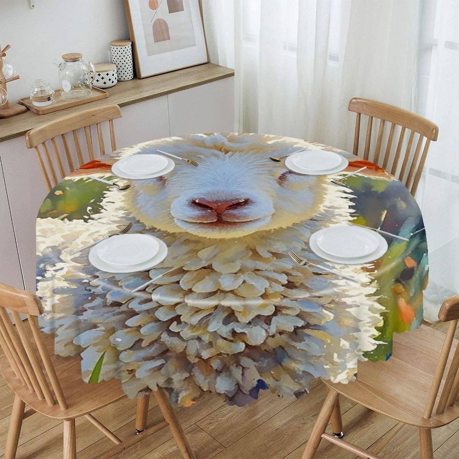FekiLoot 60 Inch Round Color Sheep Tablecloth Waterproof Heavy Duty Polyester Table Cloth Spill-Proof Wipeable Table Cover Decorative Circle Dining Tablecover for Party Outdoor