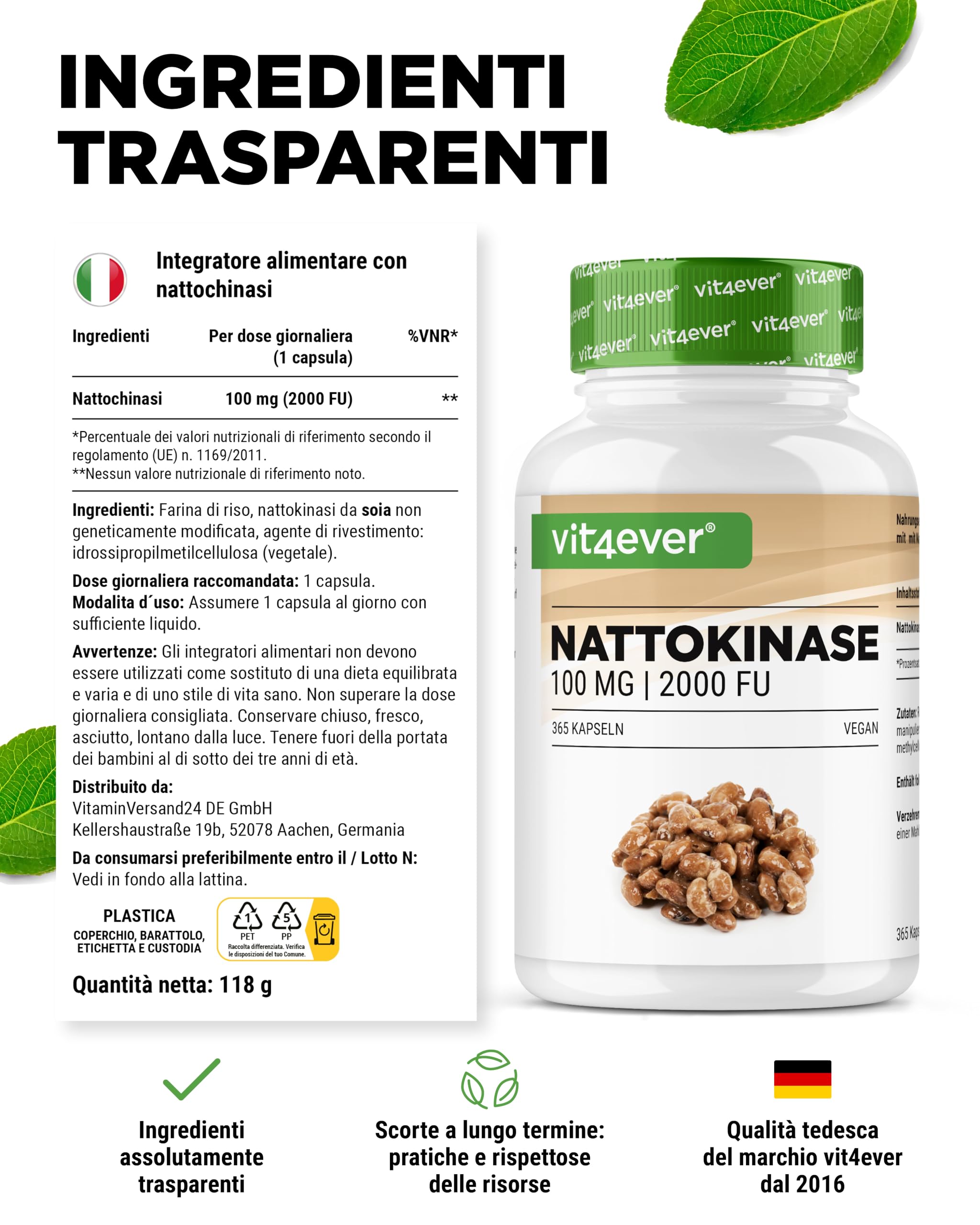 vit4ever Nattokinase - 365 Capsule da 100 mg Nattokinasi (20.000 FU/g) - Scorta per 12 Mesi - Alto Dosaggio - Vegano - Senza OGM - Senza Additivi Inutili