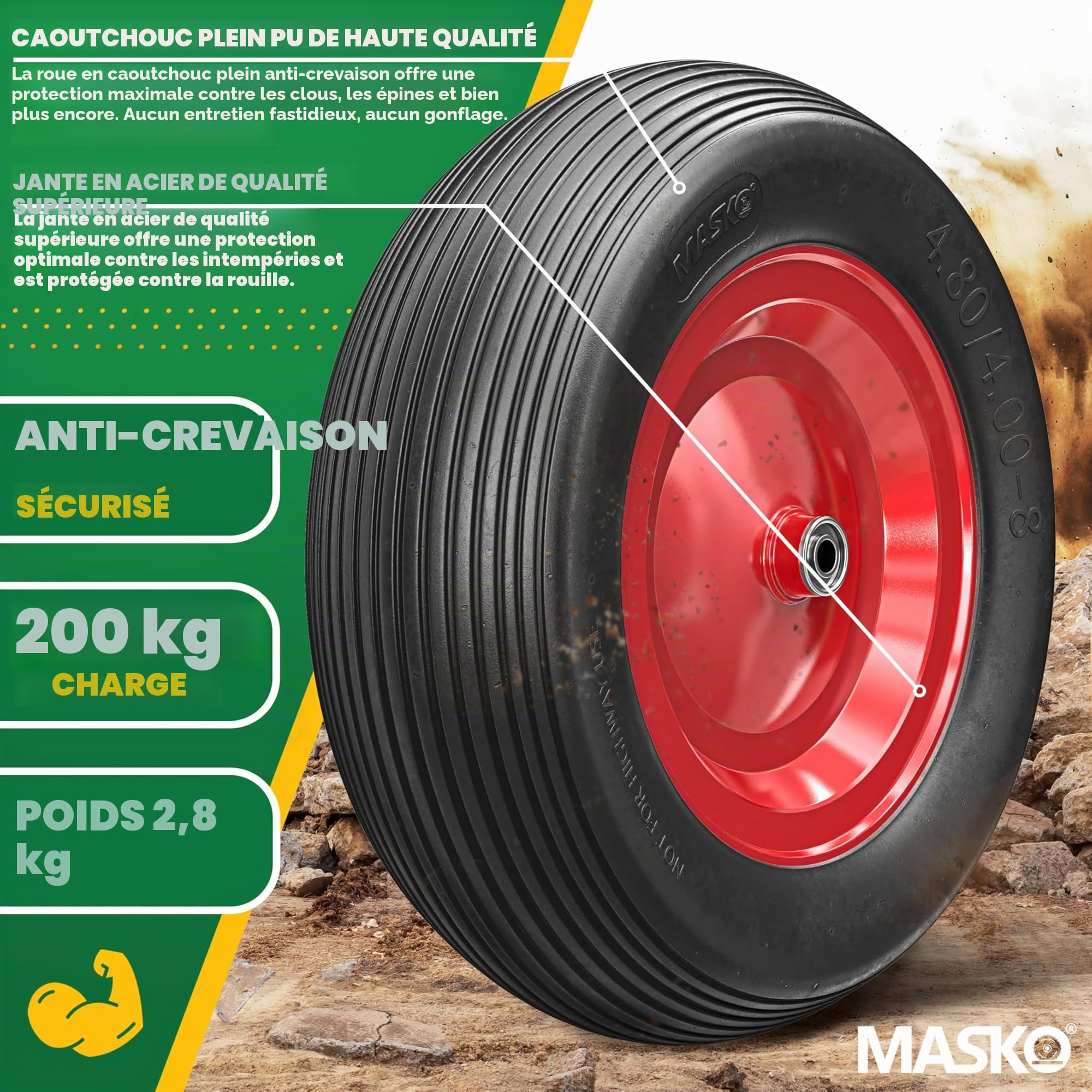 MASKO® Roue de brouette PU en caoutchouc plein 200 kg increvable 4,80/4,00-8 Ø 390 mm incl. essieu Roue de remplacement Roue en caoutchouc jante en acier Pneu increvable pour brouette