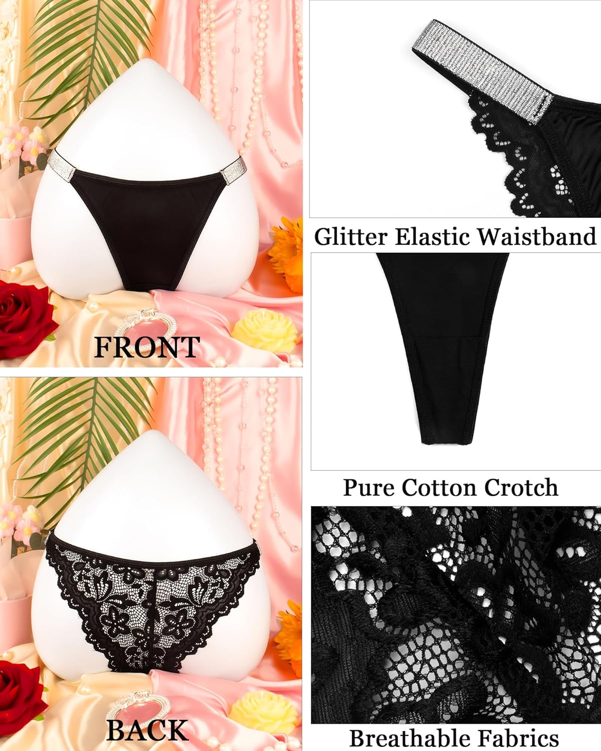 Sexy Panties for Women Underwear Glitter Lace Thongs Low Rise Briefs - Image 5