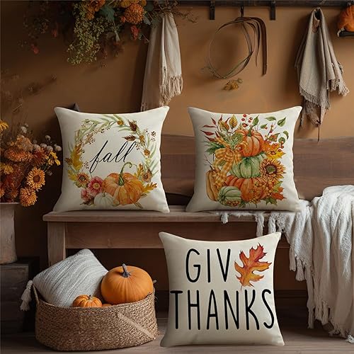 Miniatura 6 de Juego de 4 fundas de almohada decorativas de otoño de 18 x 18 pulgadas, decoración de granja de Acción de Gracias, Hello Pumpkin al aire libre,