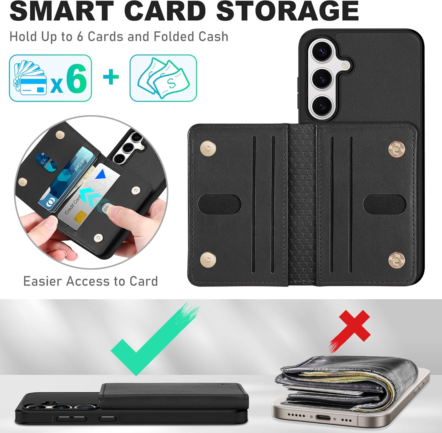 TUCCH Case Wallet for Galaxy S25 Plus, [Undetachable] PU Leather Wallet with RFID Blocking [6 Card Holder] Magnetic Closure, Protective Anti-Slip Shockproof Phone Cover for Galaxy S25 Plus 2025, Black