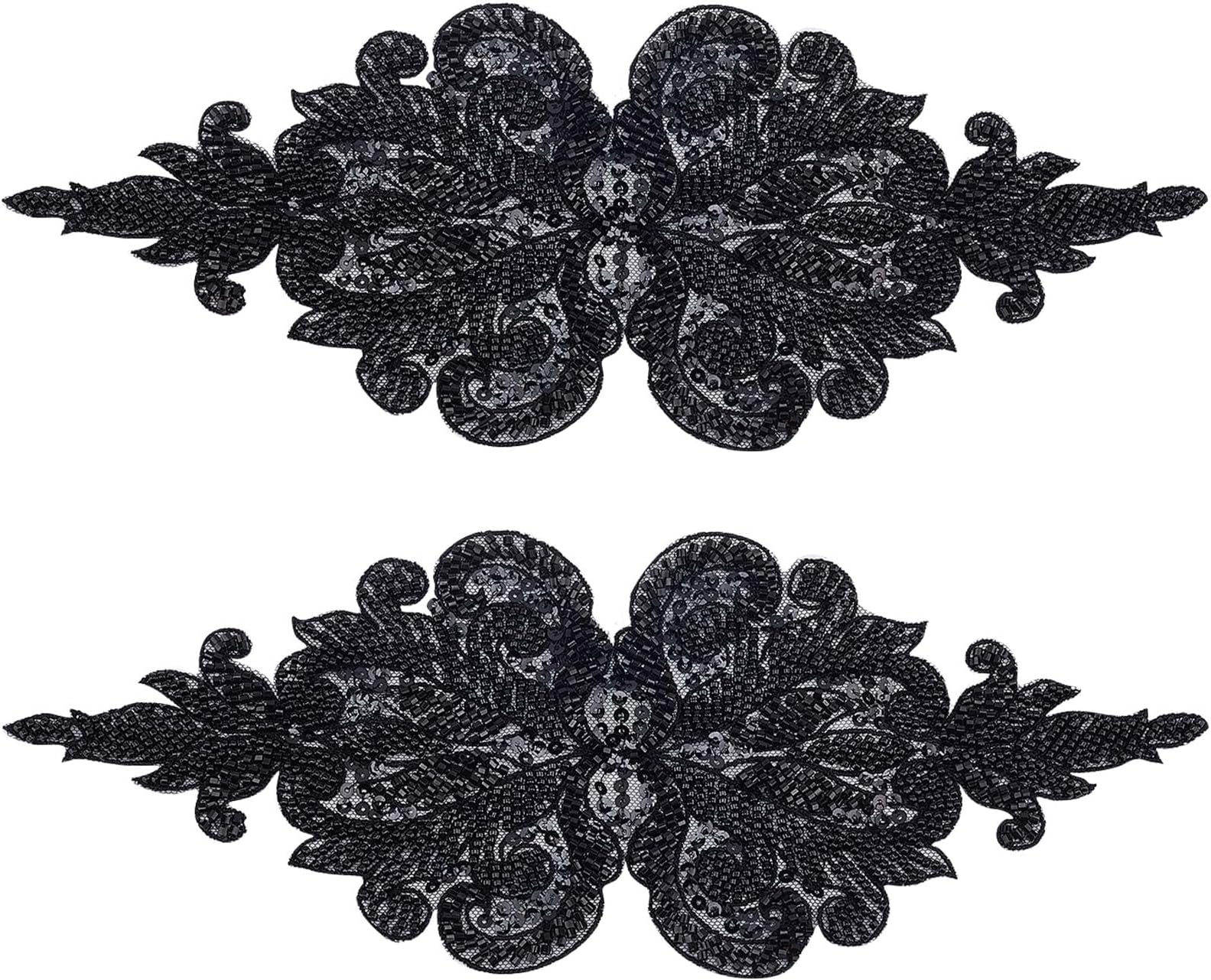 GORGECRAFT 2PCS Bead Embroidery Lace Appliques Flower Pattern Polyester Patches Beaded Tulle Decorative Sewing Ornament Accessories for Wedding Dresses Clothes Bag Pants Shoes Hats DIY Projects Black