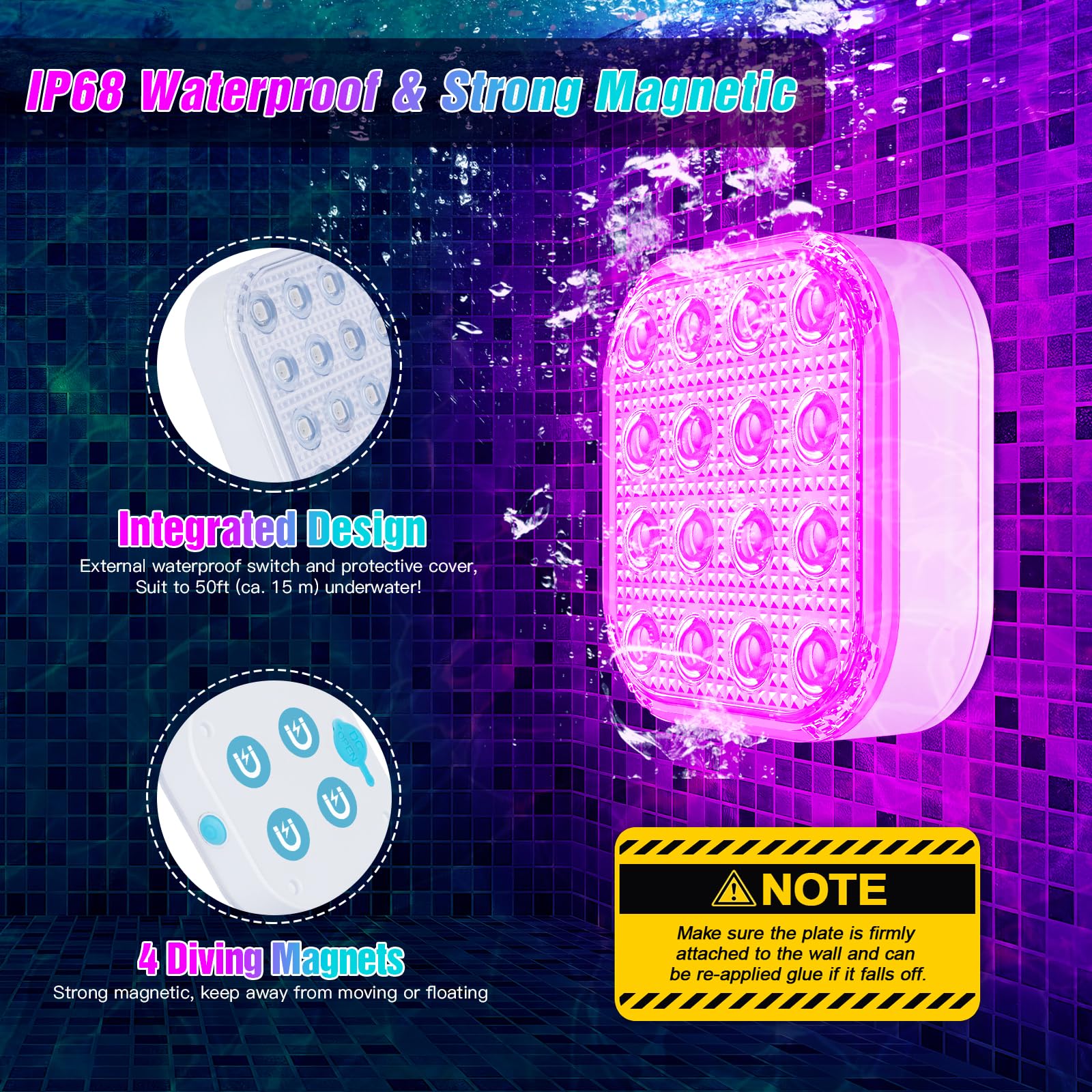 Tauchbare LED-Pool-Lichter, 16 Farbwechsel-Pool-Lichter, wiederaufladbar, wasserdicht, magnetisch, schwimmende Unterwasserlampe für Pool, 4 Stück