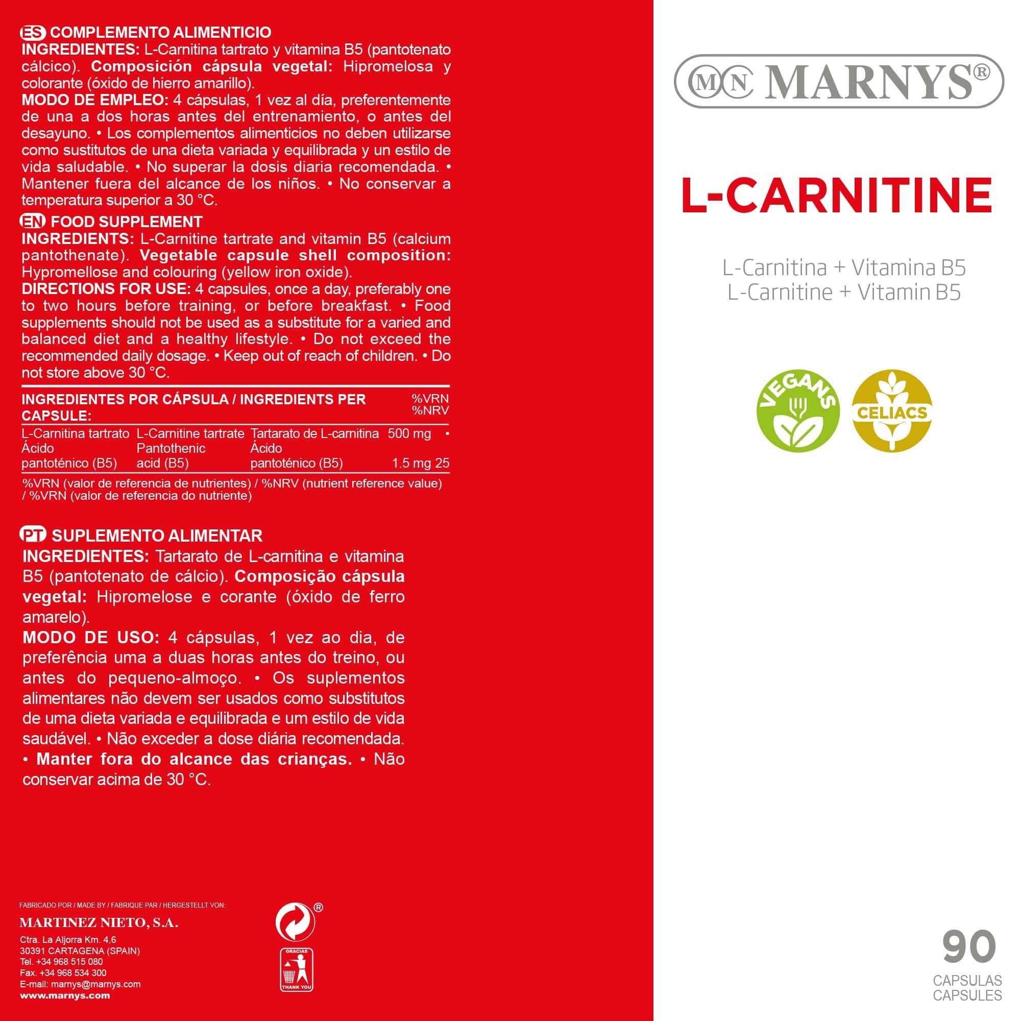 marnys l-carnitina vitamina b5 cap 90& 39 MARNYS L-Carnitina + Vitamina B5 90 Cápsulas vegetales : Amazon.es: Salud y  cuidado personal