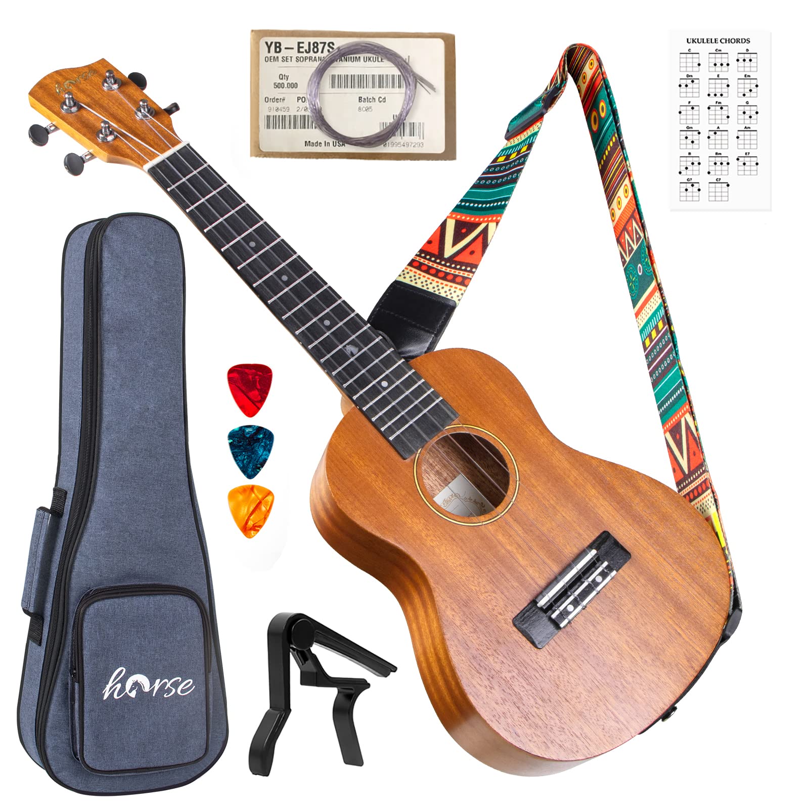 Horse konzert-Ukulele Mahagoni 23 Zoll Ukulele für Anfänger mit Gig Bag Strap String Capo Picks
